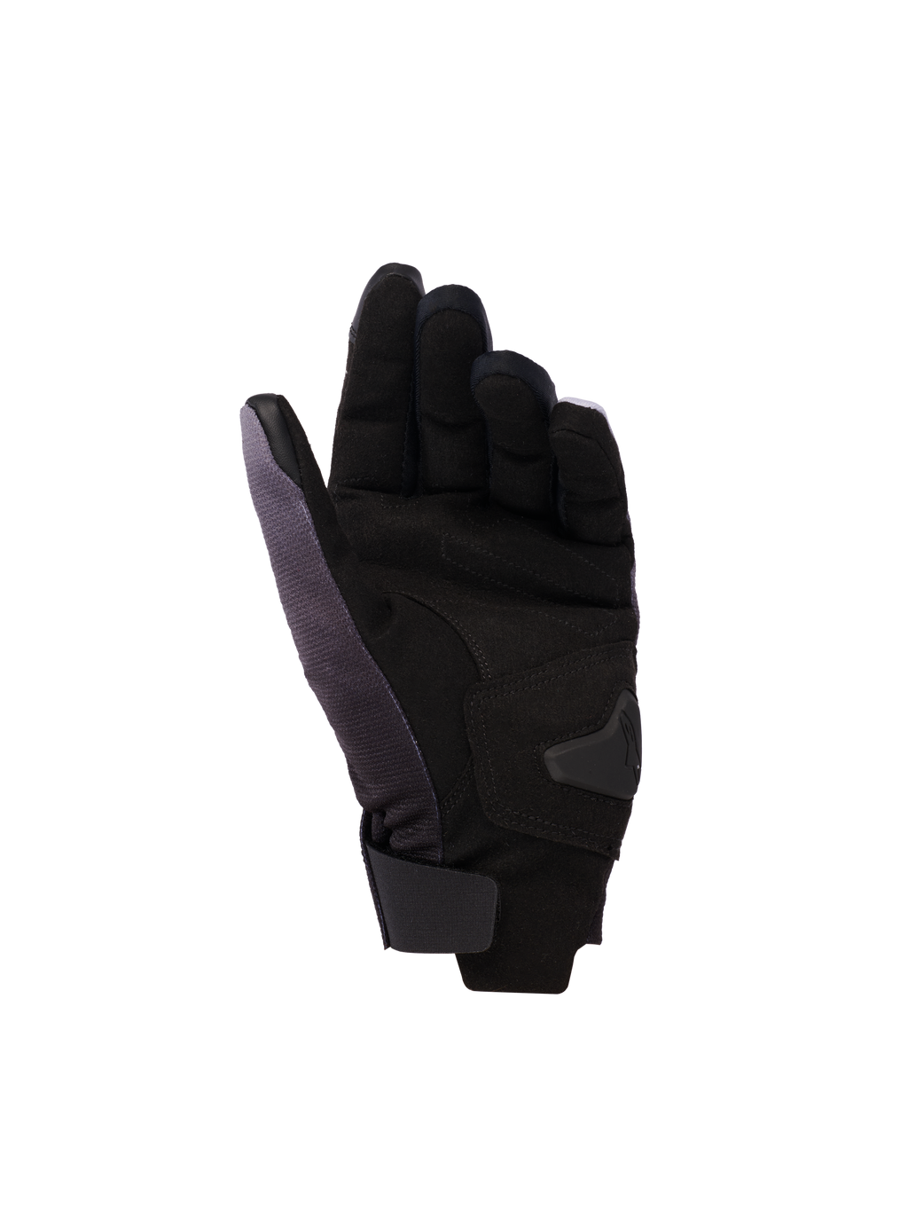 Alpinestars Reef Women's v2 dames motorhandschoenen, Grijs Zwart Roze Fluo, handpalm-weergave met synthetisch suède en gewatteerde verstevigingen, korte manchet met klittenbandsluiting en geleidend leer op de wijsvinger en duim voor touchscreen-functionaliteit.