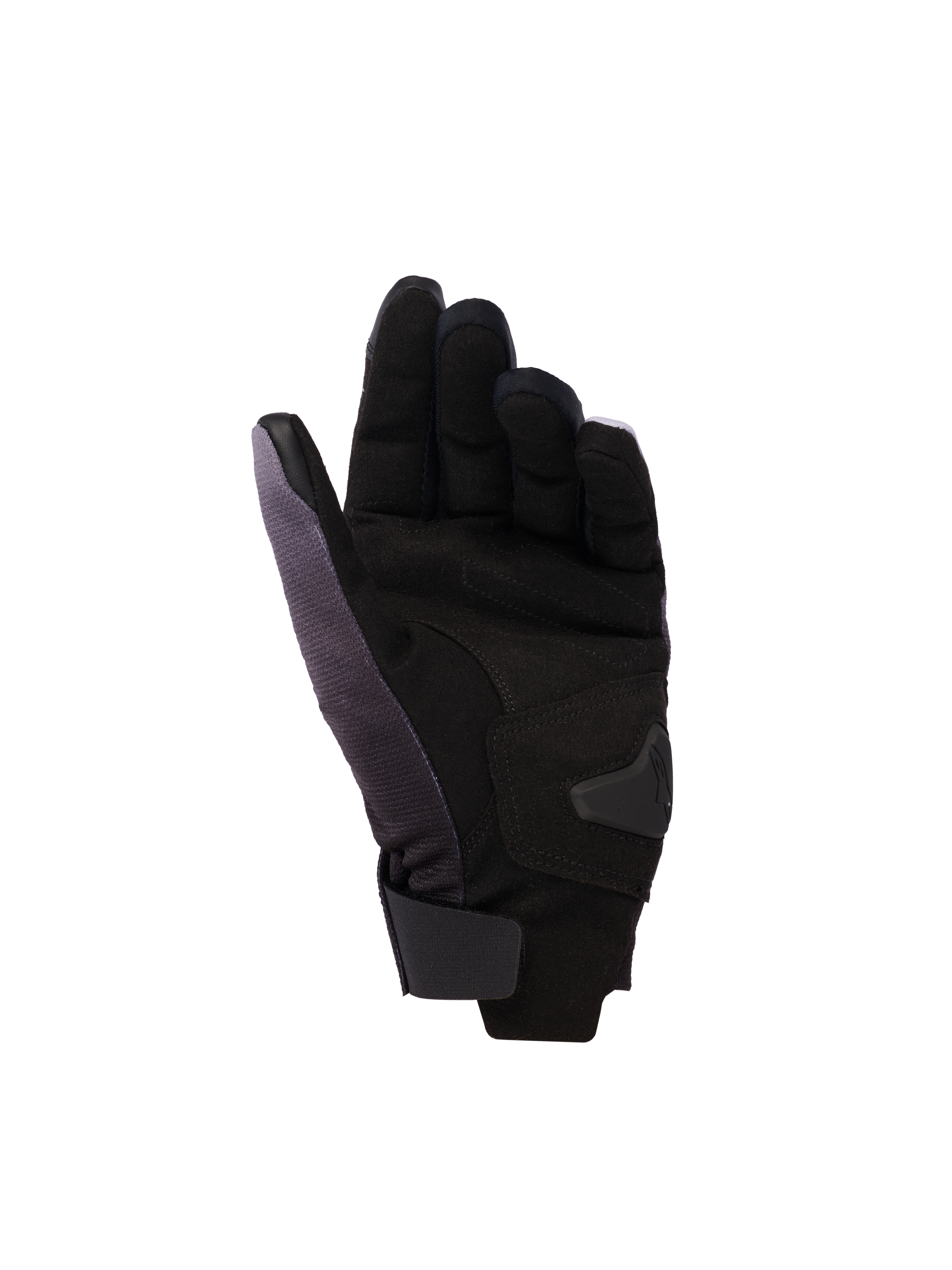 Alpinestars Reef Women's v2 dames motorhandschoenen, Grijs Zwart Roze Fluo, handpalm-weergave met synthetisch suède en gewatteerde verstevigingen, korte manchet met klittenbandsluiting en geleidend leer op de wijsvinger en duim voor touchscreen-functionaliteit.