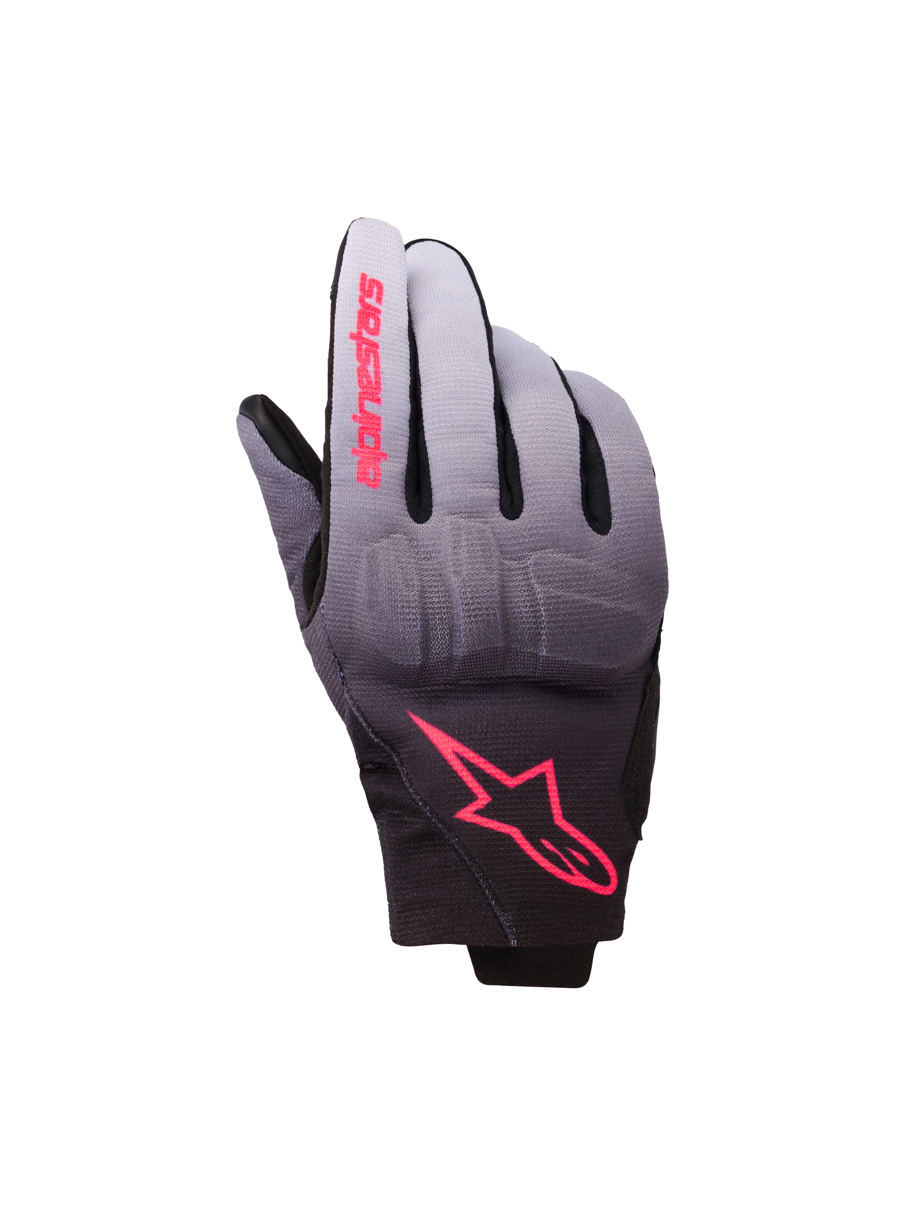 Alpinestars Reef Women's V2 handschoenen, motorhandschoenen, grijs, zwart en roze fluo, textiel met een kleurverloop van grijs naar zwart en roze logo-accenten, geïntegreerde knokkelbescherming en kort manchet, eigentijdse urban motoruitrusting voor dames