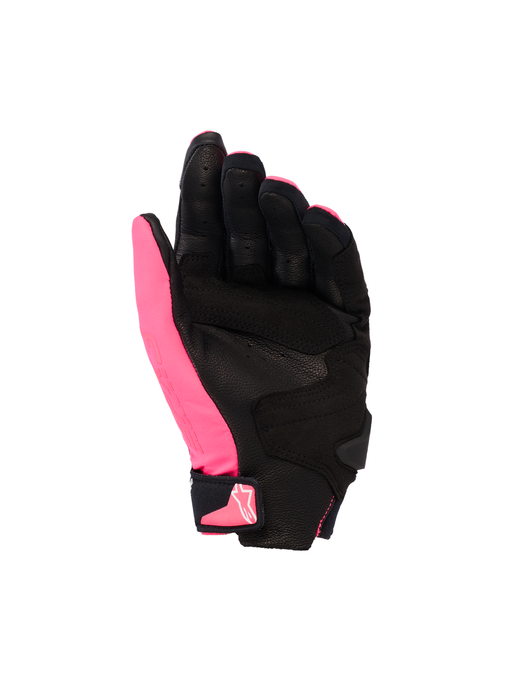 Alpinestars Stella SP X 3 handschoenen, dames motorhandschoenen, Diva Pink Black White, handpalmaanzicht met geperforeerd leer en synthetische overlays, zwarte handpalm met roze duim, klittenbandsluiting bij de pols met roze logo, ergonomisch sportontwerp