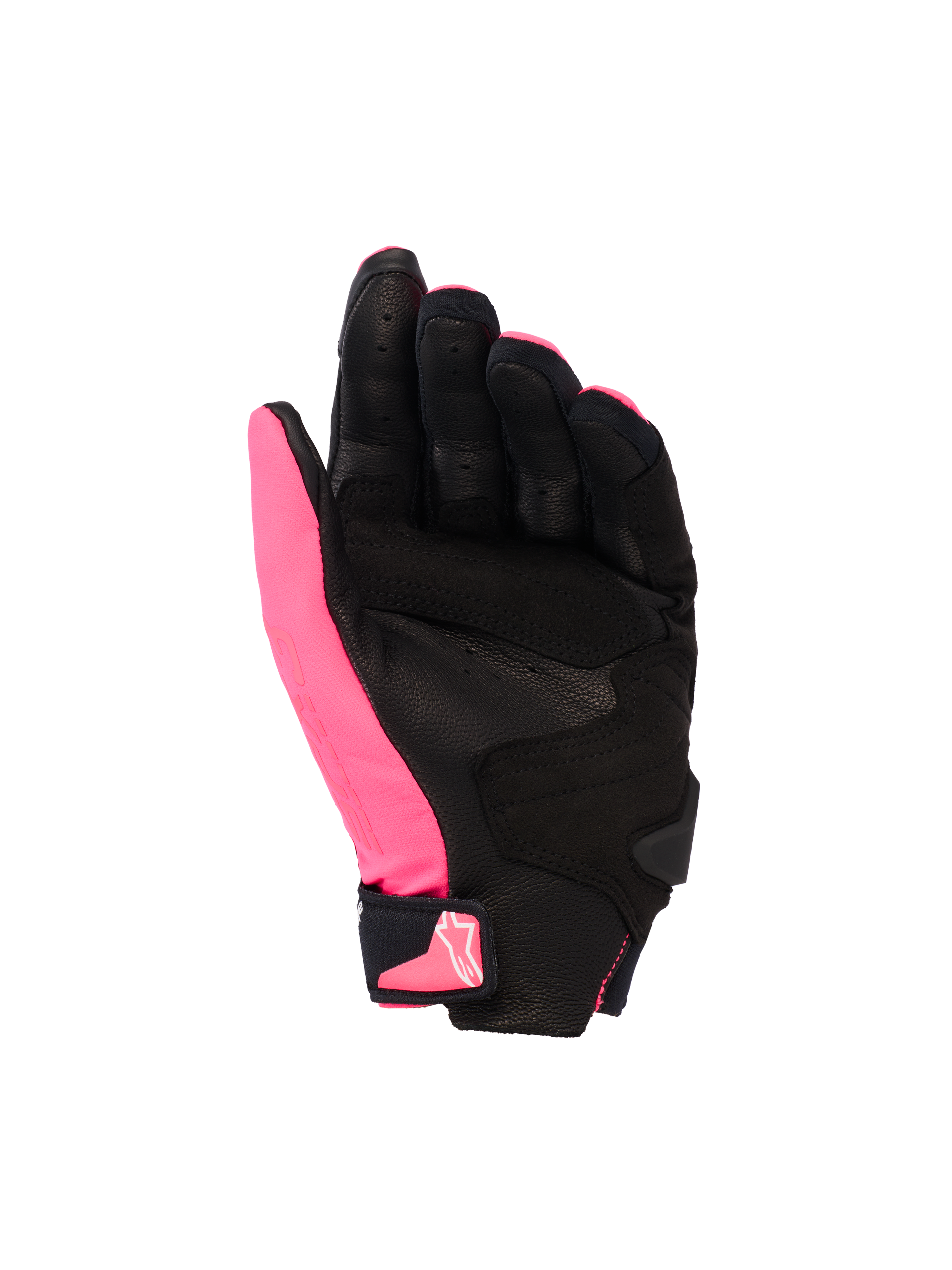 Alpinestars Stella SP X 3 handschoenen, dames motorhandschoenen, Diva Pink Black White, handpalmaanzicht met geperforeerd leer en synthetische overlays, zwarte handpalm met roze duim, klittenbandsluiting bij de pols met roze logo, ergonomisch sportontwerp