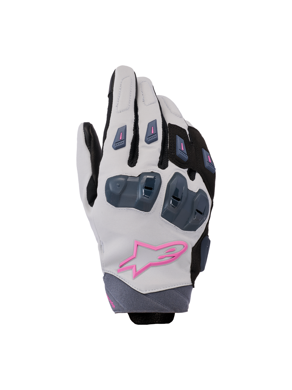 Alpinestars Stella SP X 3 handschoenen, dames motorhandschoenen, middengrijs, zwart en roze, met harde knokkelbescherming en een roze sterlogo, strak sportief ontwerp