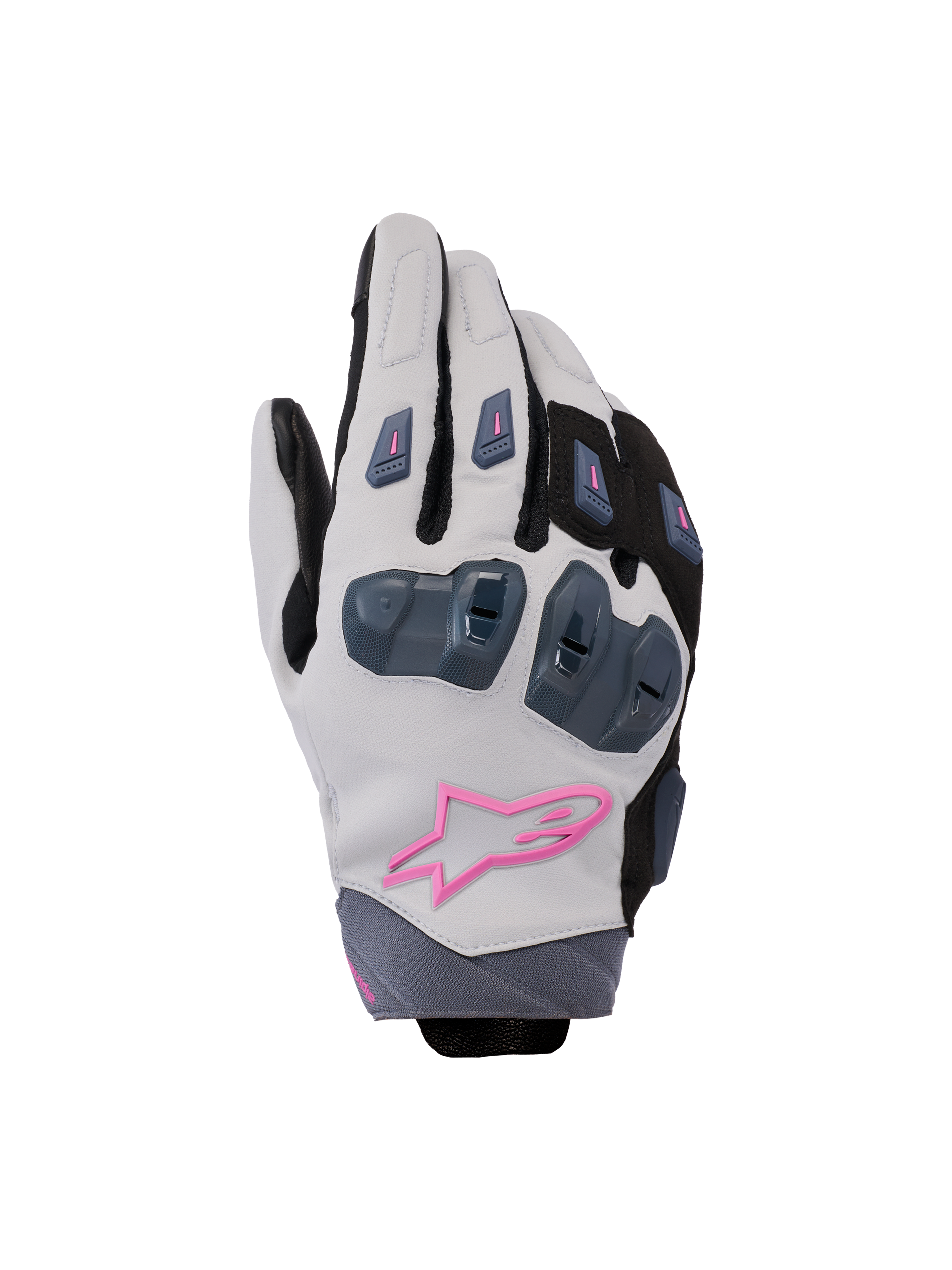 Alpinestars Stella SP X 3 handschoenen, dames motorhandschoenen, middengrijs, zwart en roze, met harde knokkelbescherming en een roze sterlogo, strak sportief ontwerp