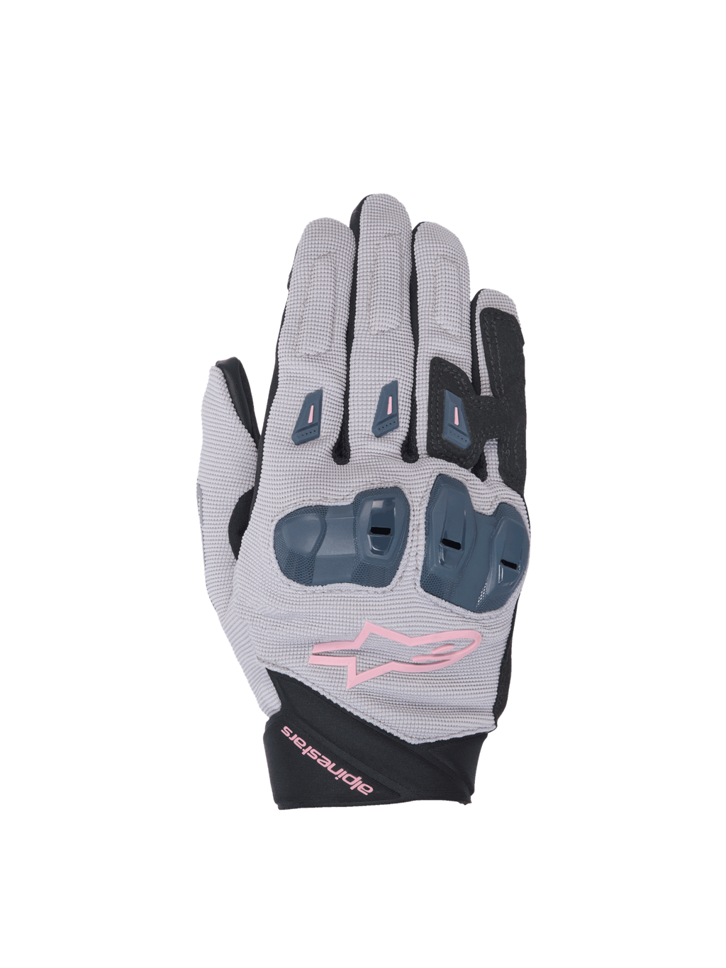 Alpinestars Stella SP X 1 dames-motorhandschoenen voor racing, grijs en zwart met roze accenten en TPR-knokkelbescherming.