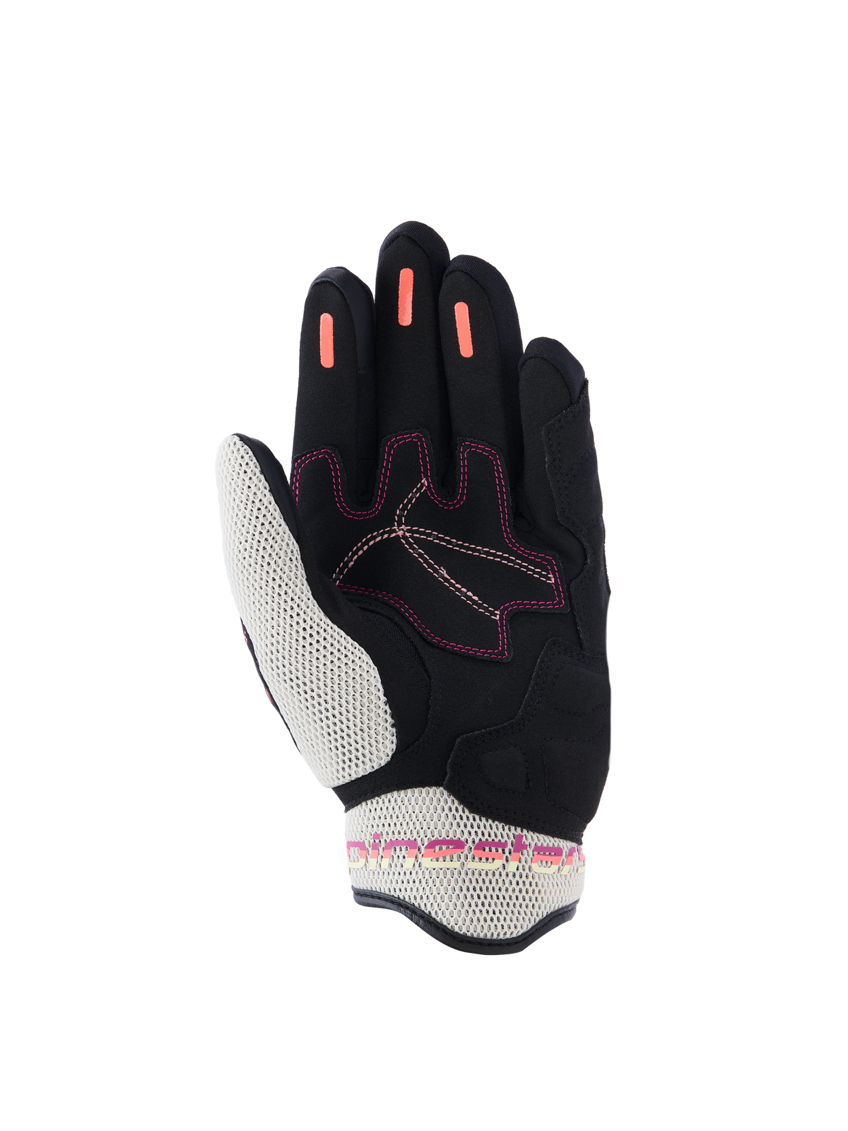 Alpinestars Stella Mogress Airflow dameshandschoenen, motorhandschoenen, Black Ecru Fading Coral, weergave van de palmzijde met witte 3D-mesh op de duim en manchet, koraalkleurige siliconen gripstrips op de vingers en roze stiksels