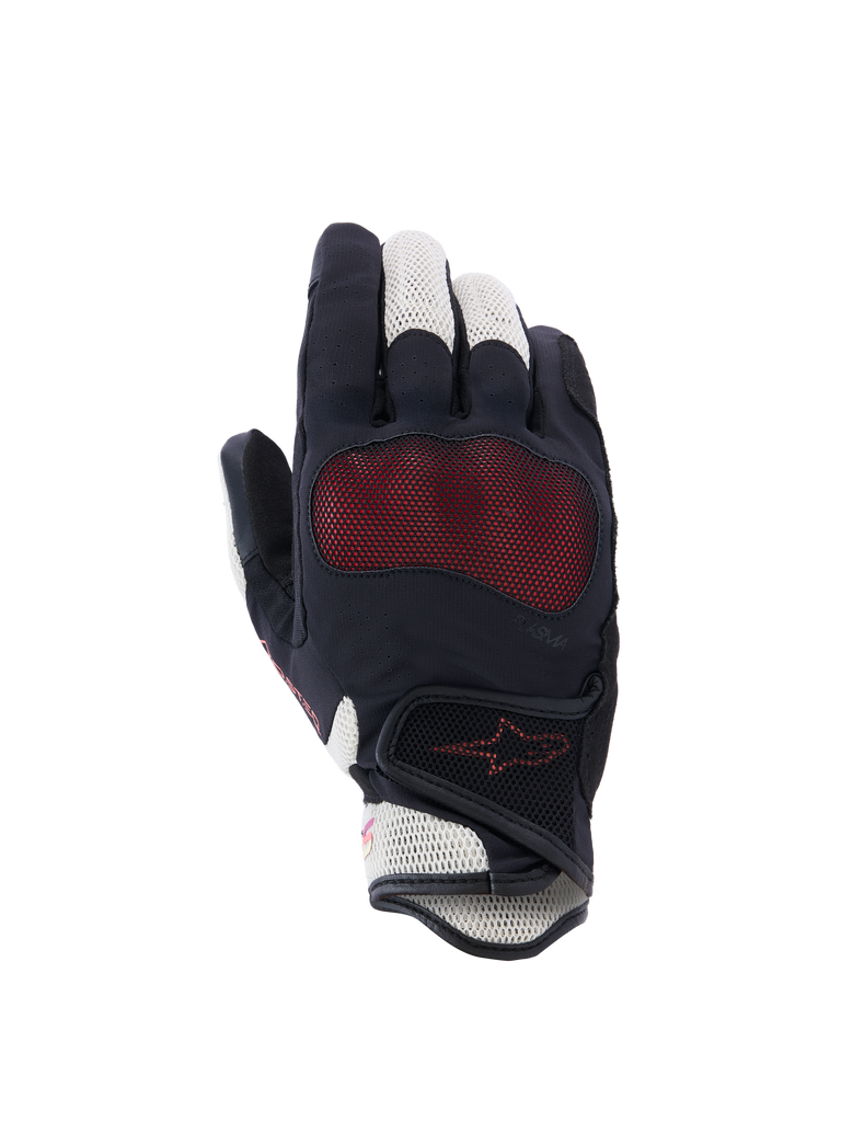 Alpinestars Stella Mogress Airflow handschoenen, dames motorhandschoenen, zwart met wit en rood, ademende mesh constructie, knokbescherming, CE-gecertificeerd, ventilatie op vingers