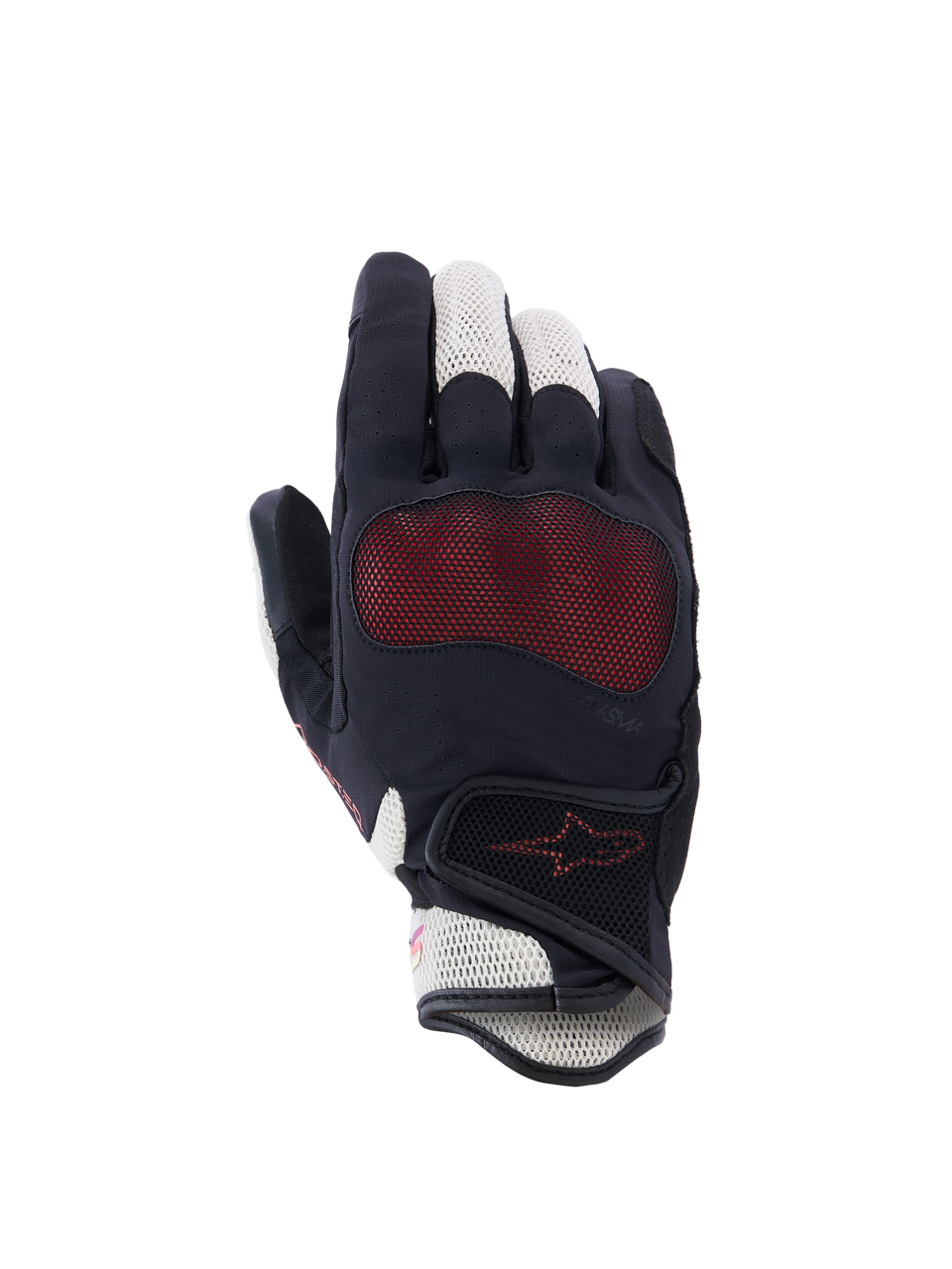 Alpinestars Stella Mogress Airflow handschoenen, dames motorhandschoenen, zwart, ecru en koraalrood, bovenaanzicht met 3D mesh-inzetstukken, Nucleon Plasma knokkelbescherming en een klittenbandsluiting bij de pols.