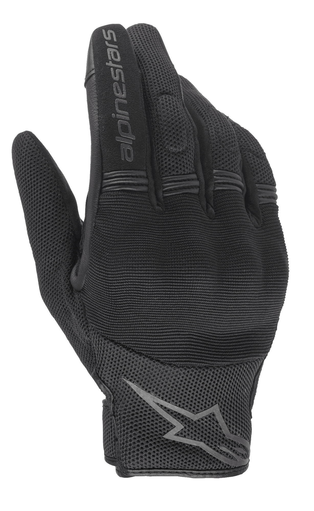 Alpinestars Stella Copper dameshandschoenen, zwarte stedelijke motorhandschoenen, bovenzijde met harde knokkelbescherming, ademend mesh-textiel en Alpinestars-branding op de wijsvinger en pols.