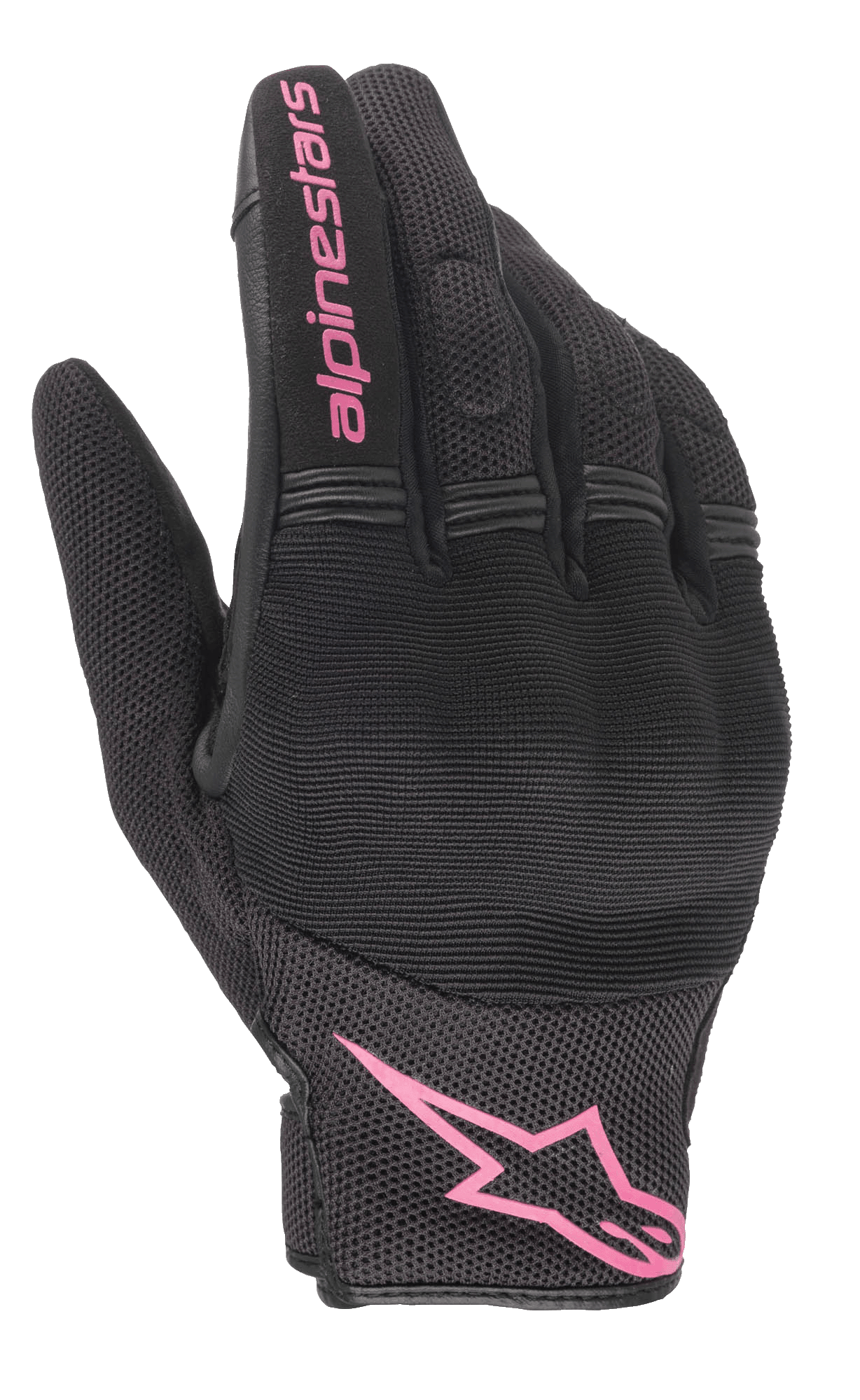 Alpinestars Stella Copper Gloves, Women's Motorcycle Gloves, Black and Fuchsia, pink Alpinestars logo on the wrist and text on the finger, mesh and textile design with padded knuckle area, urban commuting gear