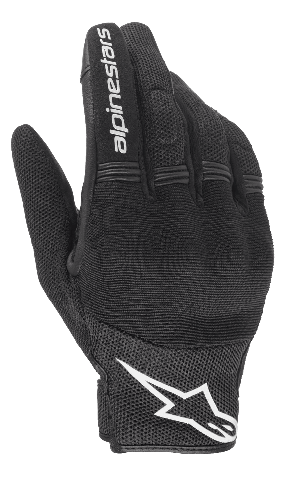 Alpinestars Stella Copper dameshandschoenen, zwart en wit, bovenzijde met mesh-constructie en harde knokkelbescherming onder spandex, wit Alpinestars-woordmerk op de wijsvinger en logo op de pols, stedelijke motoruitrusting met kort manchet.