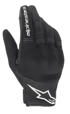 Alpinestars Stella Copper dameshandschoenen, zwart en wit, bovenzijde met mesh-constructie en harde knokkelbescherming onder spandex, wit Alpinestars-woordmerk op de wijsvinger en logo op de pols, stedelijke motoruitrusting met kort manchet.
