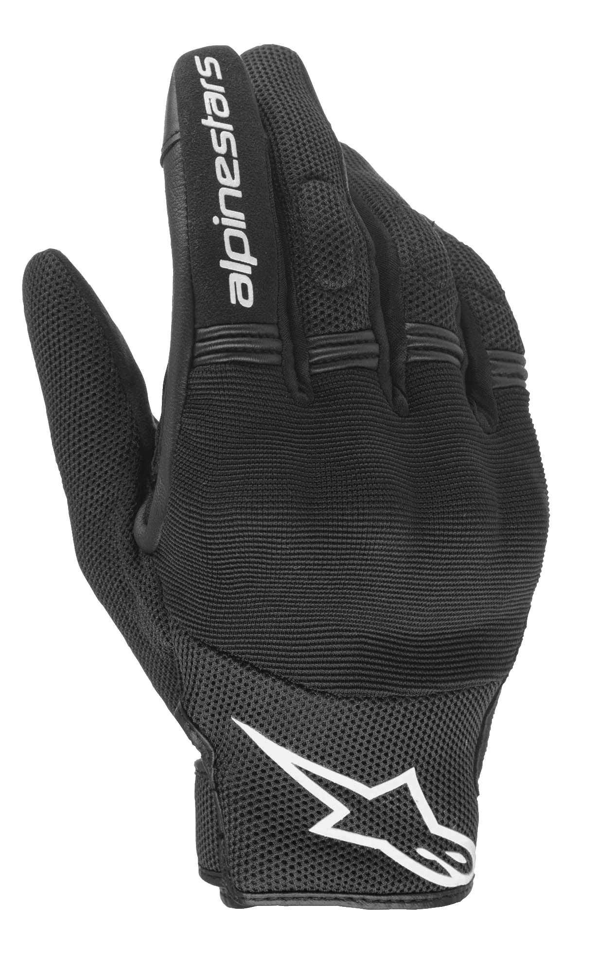 Alpinestars Stella Copper dameshandschoenen, zwart en wit, bovenzijde met mesh-constructie en harde knokkelbescherming onder spandex, wit Alpinestars-woordmerk op de wijsvinger en logo op de pols, stedelijke motoruitrusting met kort manchet.