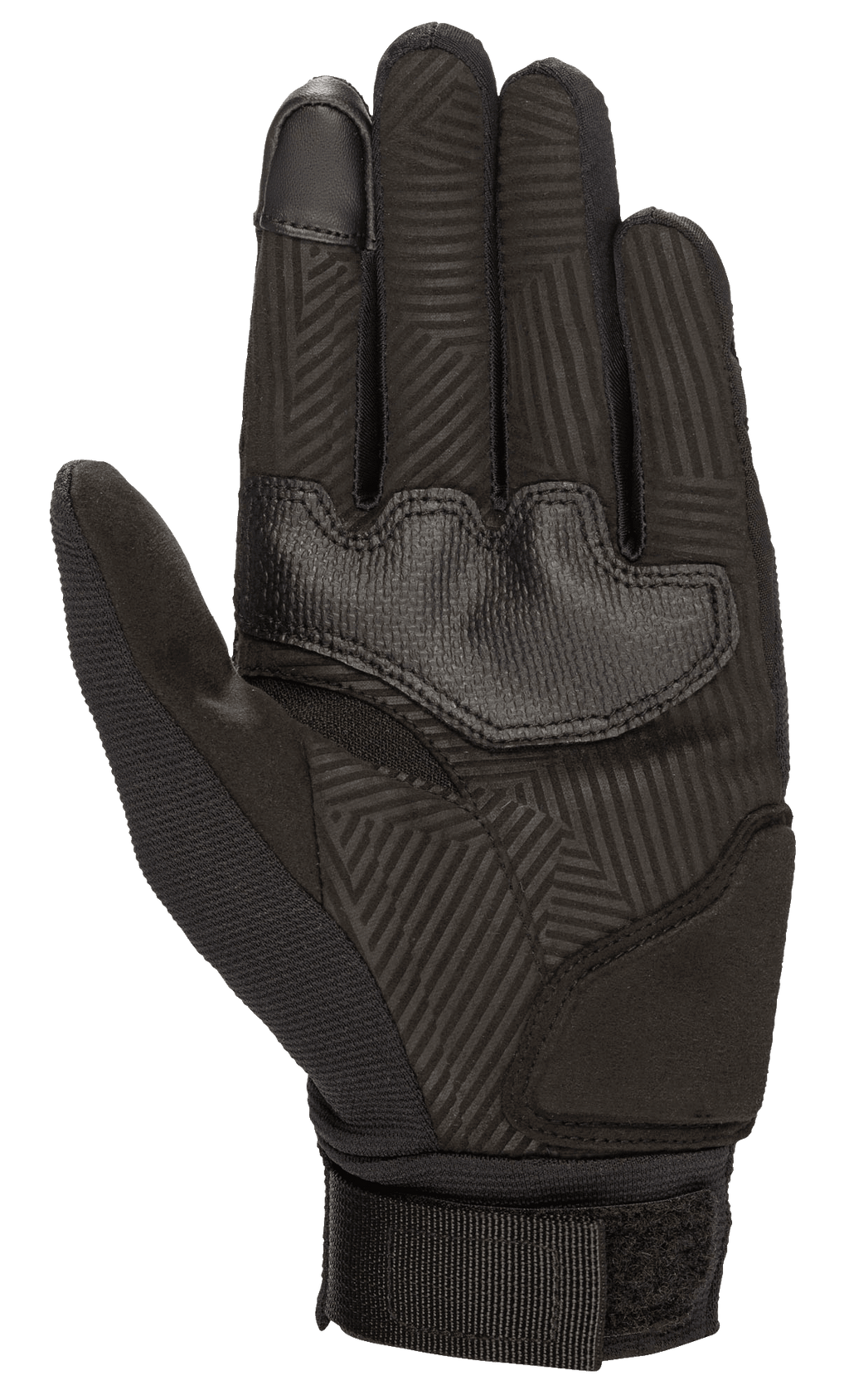 Alpinestars Stella Reef dameshandschoenen, motorhandschoenen, zwart, aanzicht van de handpalm met synthetisch suède en geometrisch grippatroon, versterkte handpalmpads en verstelbare polsband voor stedelijk rijcomfort