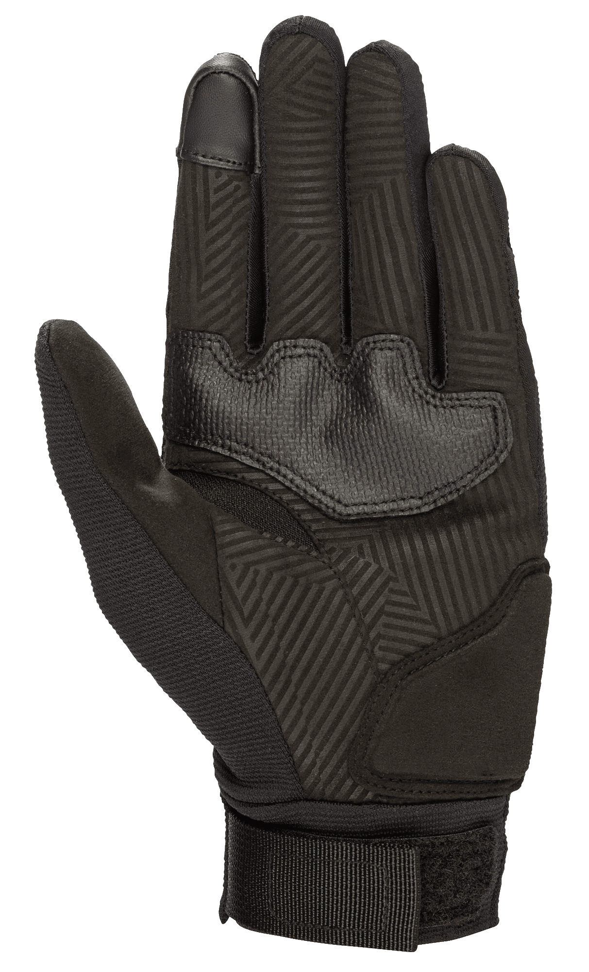 Alpinestars Stella Reef dameshandschoenen, motorhandschoenen, zwart, aanzicht van de handpalm met synthetisch suède en geometrisch grippatroon, versterkte handpalmpads en verstelbare polsband voor stedelijk rijcomfort