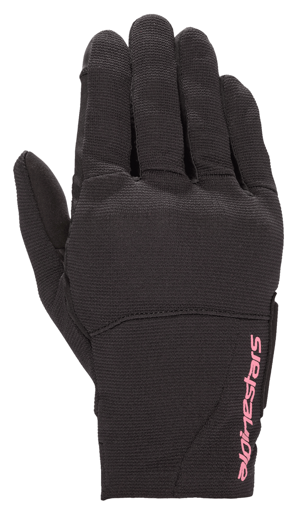Alpinestars Stella Reef dames motorhandschoenen, stedelijke motorhandschoenen, zwart met fuchsia roze logo, stretchstof constructie, kort manchet ontwerp, getextureerd materiaal voor rijden in de stad