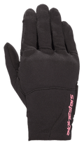 Alpinestars Stella Reef dames motorhandschoenen, stedelijke motorhandschoenen, zwart met fuchsia roze logo, stretchstof constructie, kort manchet ontwerp, getextureerd materiaal voor rijden in de stad