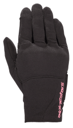 Alpinestars Stella Reef dames motorhandschoenen, stedelijke motorhandschoenen, zwart met fuchsia roze logo, stretchstof constructie, kort manchet ontwerp, getextureerd materiaal voor rijden in de stad