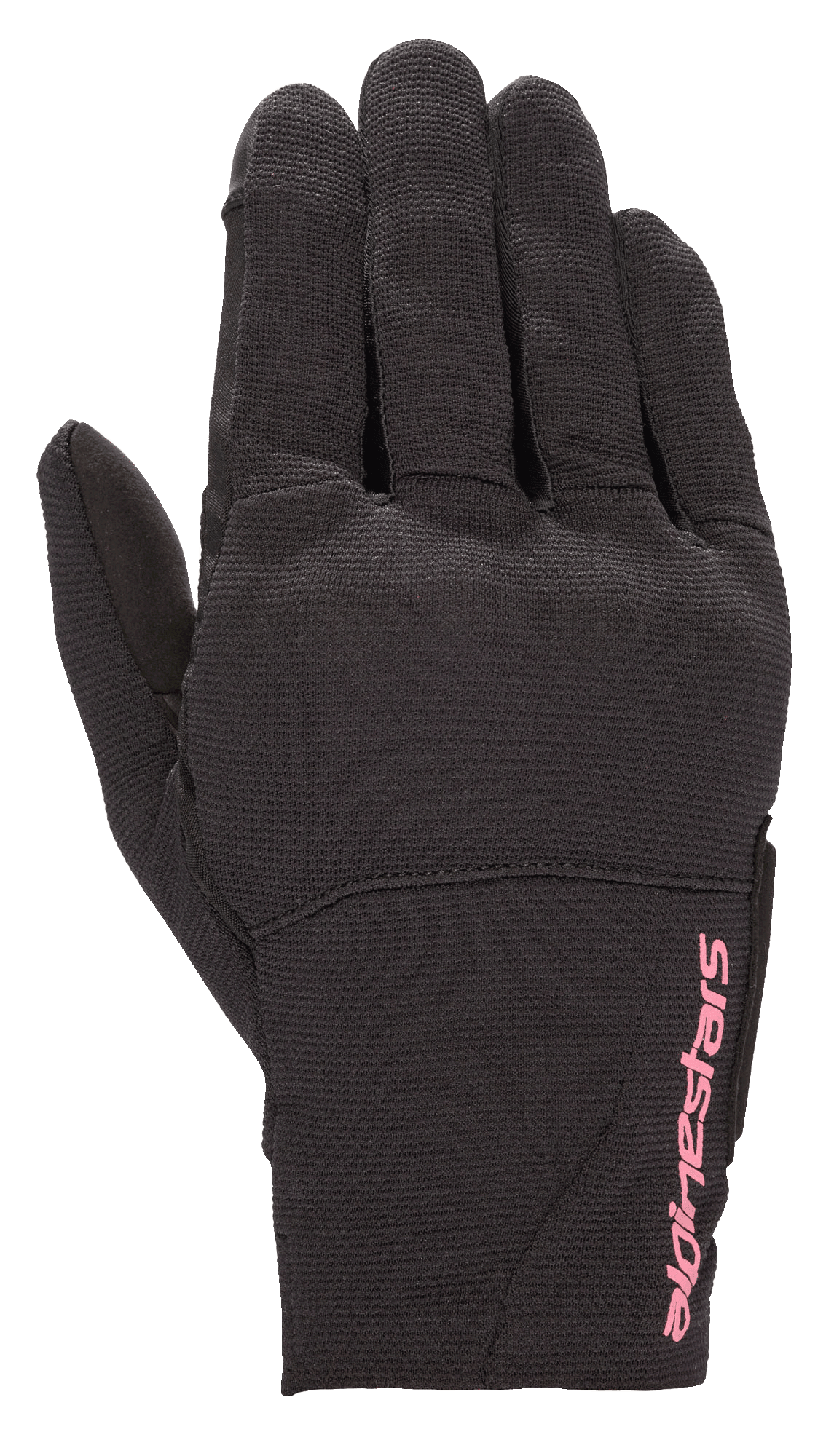 Alpinestars Stella Reef dames motorhandschoenen, stedelijke motorhandschoenen, zwart met fuchsia roze logo, stretchstof constructie, kort manchet ontwerp, getextureerd materiaal voor rijden in de stad