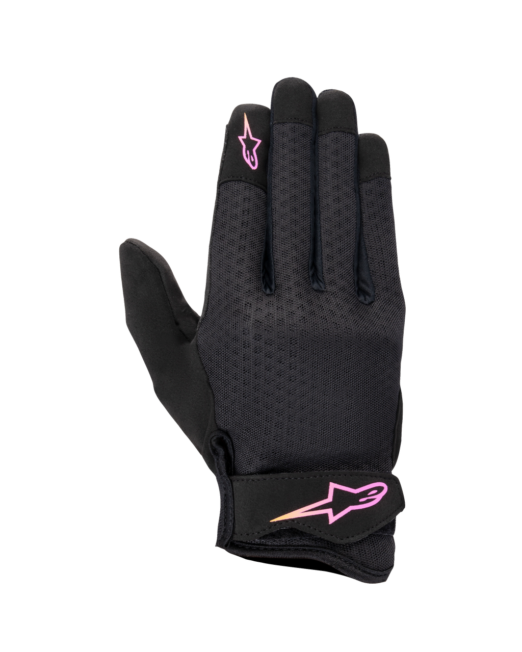 Alpinestars Stated dameshandschoenen, urban motorhandschoenen, zwart met roze en geel kleurverloop logo, getextureerde airprene rugzijde, klittenbandsluiting bij de pols, lichtgewicht en ademend zomermateriaal