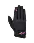 Alpinestars Stated dameshandschoenen, urban motorhandschoenen, zwart met roze en geel kleurverloop logo, getextureerde airprene rugzijde, klittenbandsluiting bij de pols, lichtgewicht en ademend zomermateriaal