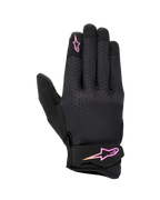 Alpinestars Stated dameshandschoenen, urban motorhandschoenen, zwart met roze en geel kleurverloop logo, getextureerde airprene rugzijde, klittenbandsluiting bij de pols, lichtgewicht en ademend zomermateriaal