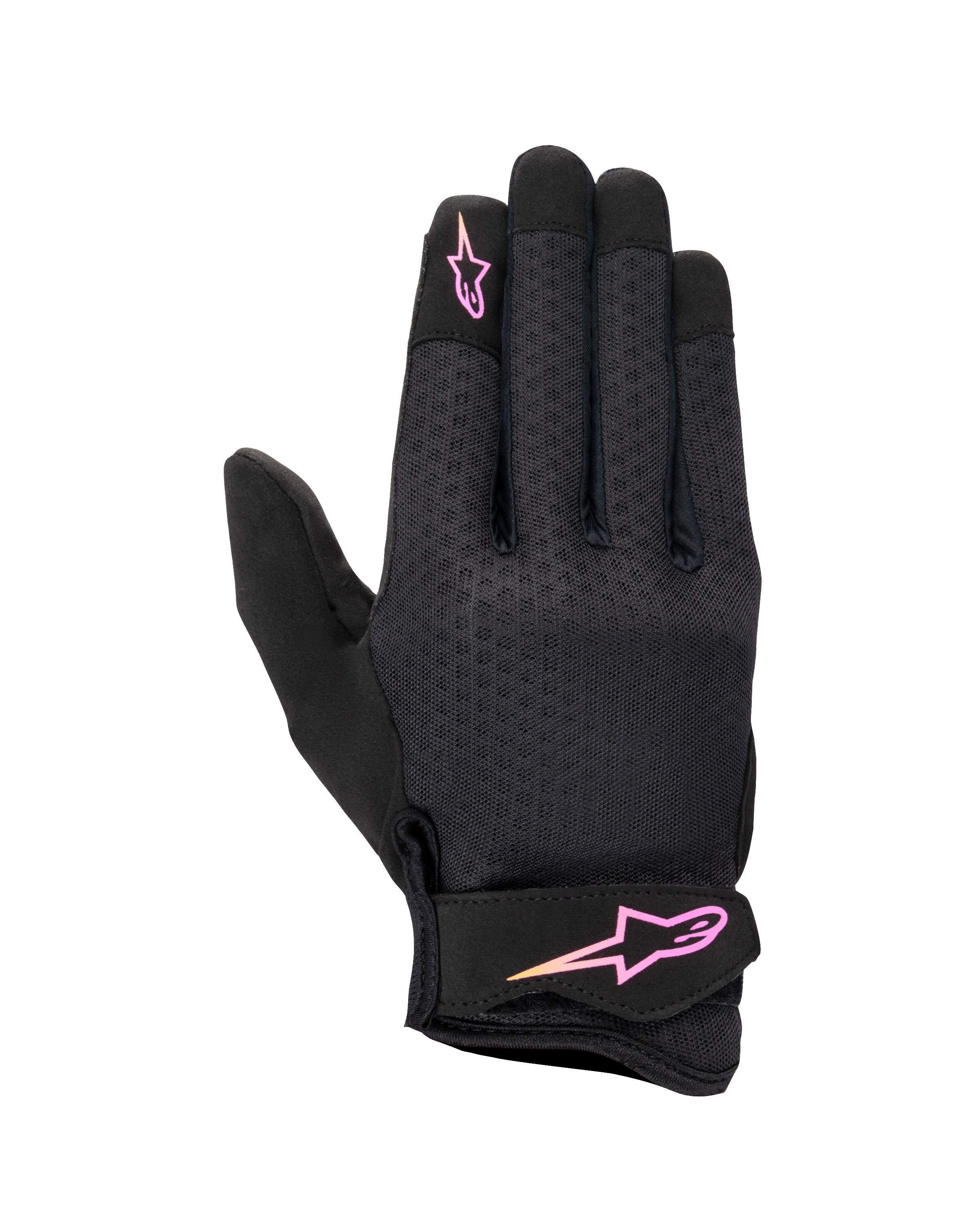 Alpinestars Stated dameshandschoenen, urban motorhandschoenen, zwart met roze en geel kleurverloop logo, getextureerde airprene rugzijde, klittenbandsluiting bij de pols, lichtgewicht en ademend zomermateriaal