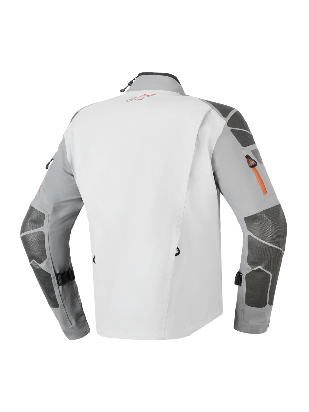 Alpinestars Nazca 3L GORE-TEX PRO Jas, adventure motorjas, donkergrijs en middengrijs, achteraanzicht met Superfabric®-verstevigingen op de mouwen en schouders, oranje ritsdetails en technische 3-laags gelamineerde constructie.