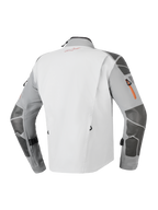 Alpinestars Nazca 3L GORE-TEX PRO Jas, adventure motorjas, donkergrijs en middengrijs, achteraanzicht met Superfabric®-verstevigingen op de mouwen en schouders, oranje ritsdetails en technische 3-laags gelamineerde constructie.
