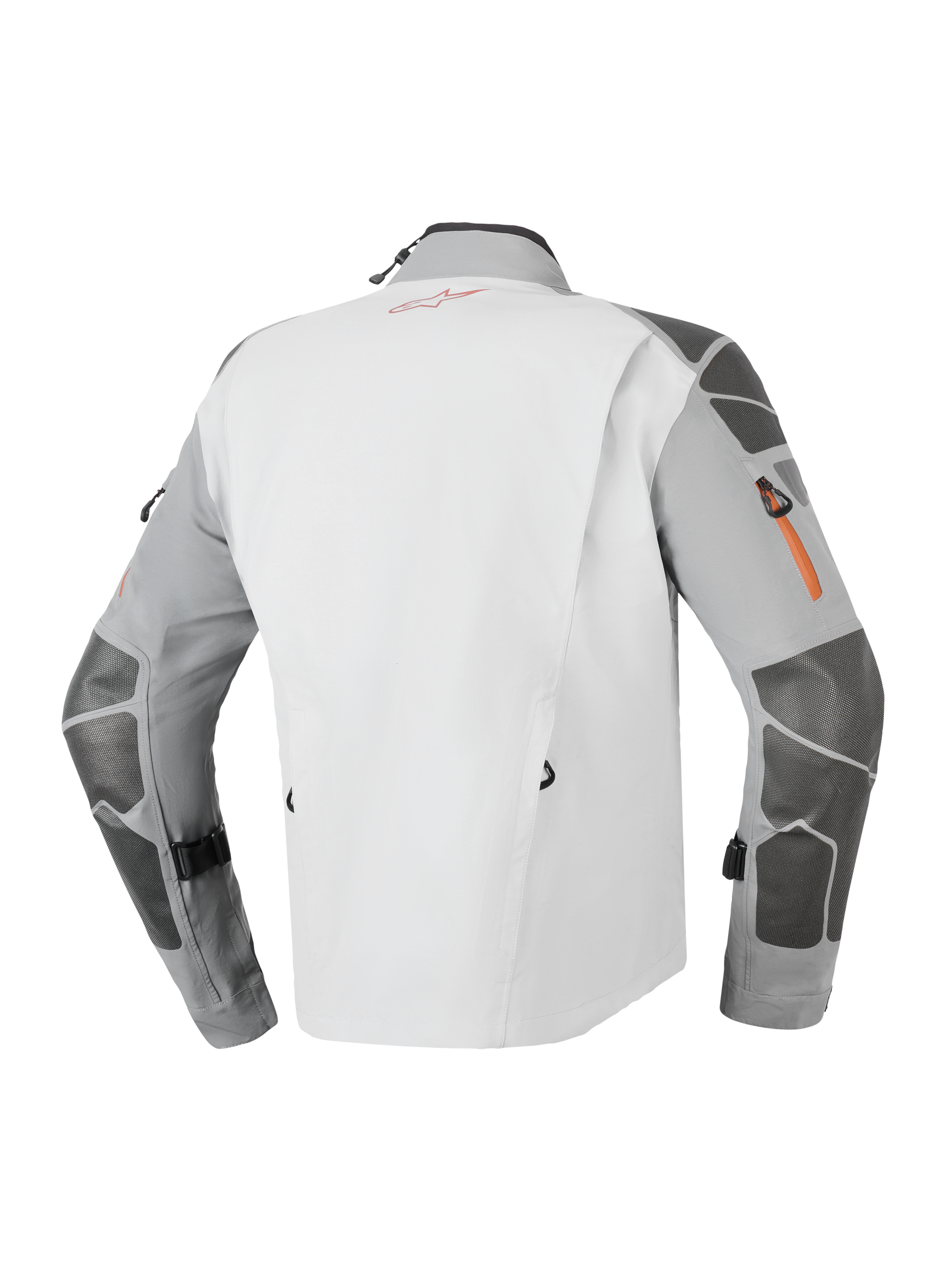 Alpinestars Nazca 3L GORE-TEX PRO Jas, adventure motorjas, donkergrijs en middengrijs, achteraanzicht met Superfabric®-verstevigingen op de mouwen en schouders, oranje ritsdetails en technische 3-laags gelamineerde constructie.