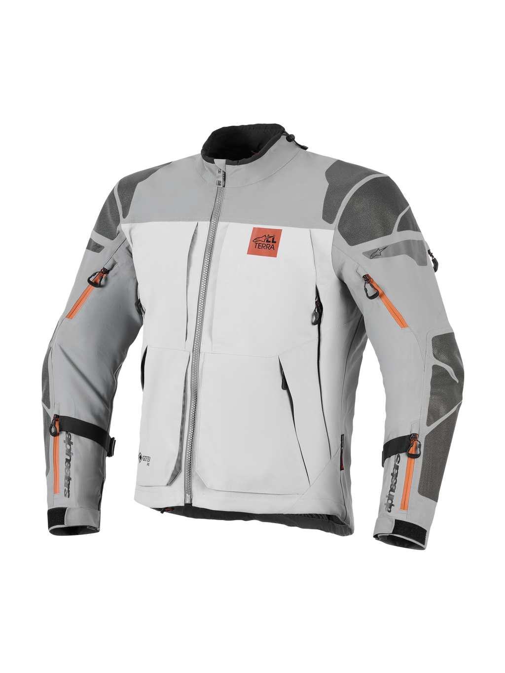 Alpinestars Nazca 3L GORE-TEX PRO jas, adventure motorjas, donkergrijs en middengrijs met oranje ritsaccenten, voorzien van All Terra-borstlogo, Superfabric-versterkingen op schouders en ellebogen, meerdere ventilatieopeningen met rits, robuust touring-ontwerp