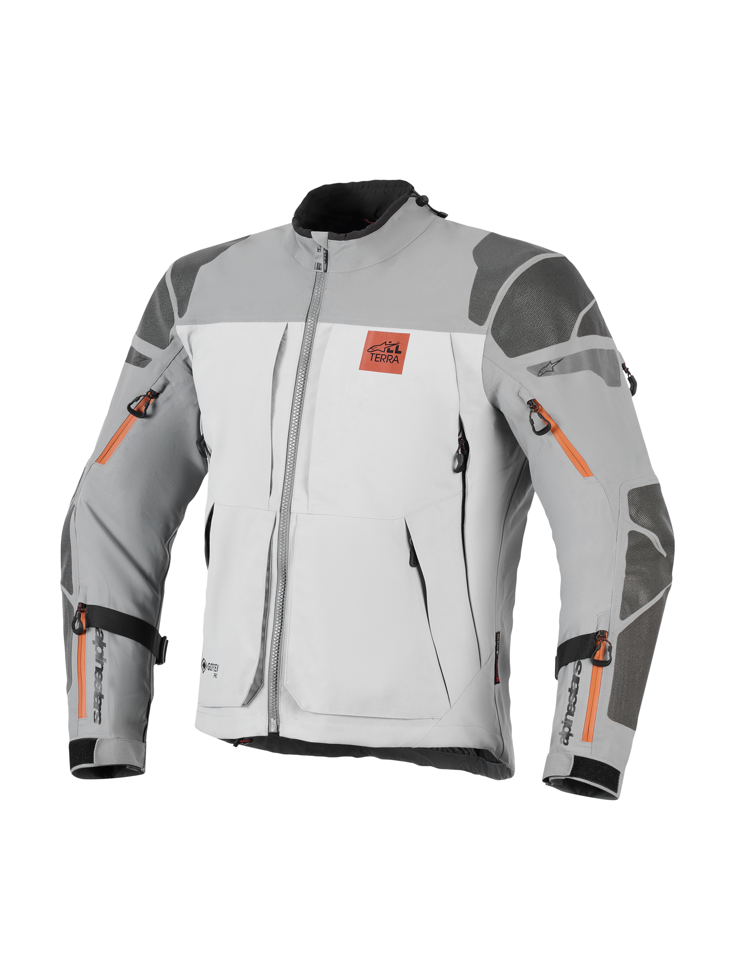 Alpinestars Nazca 3L GORE-TEX PRO jas, adventure motorjas, donkergrijs en middengrijs met oranje ritsaccenten, voorzien van All Terra-borstlogo, Superfabric-versterkingen op schouders en ellebogen, meerdere ventilatieopeningen met rits, robuust touring-ontwerp