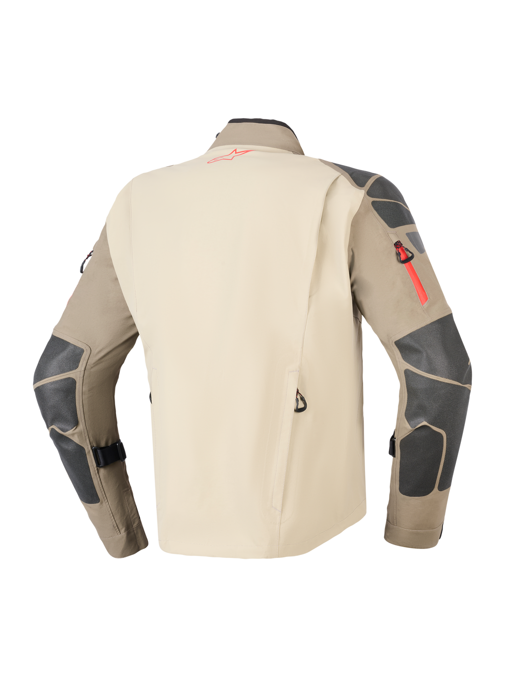 Alpinestars Nazca 3L GORE-TEX PRO Jas, Walnut Rock Brown, achteraanzicht met beige rugpaneel en bruine mouwen met donkergrijze verstevigingen op de schouders en ellebogen, rode rits- en logo-accenten, duurzame adventure motor touring kleding