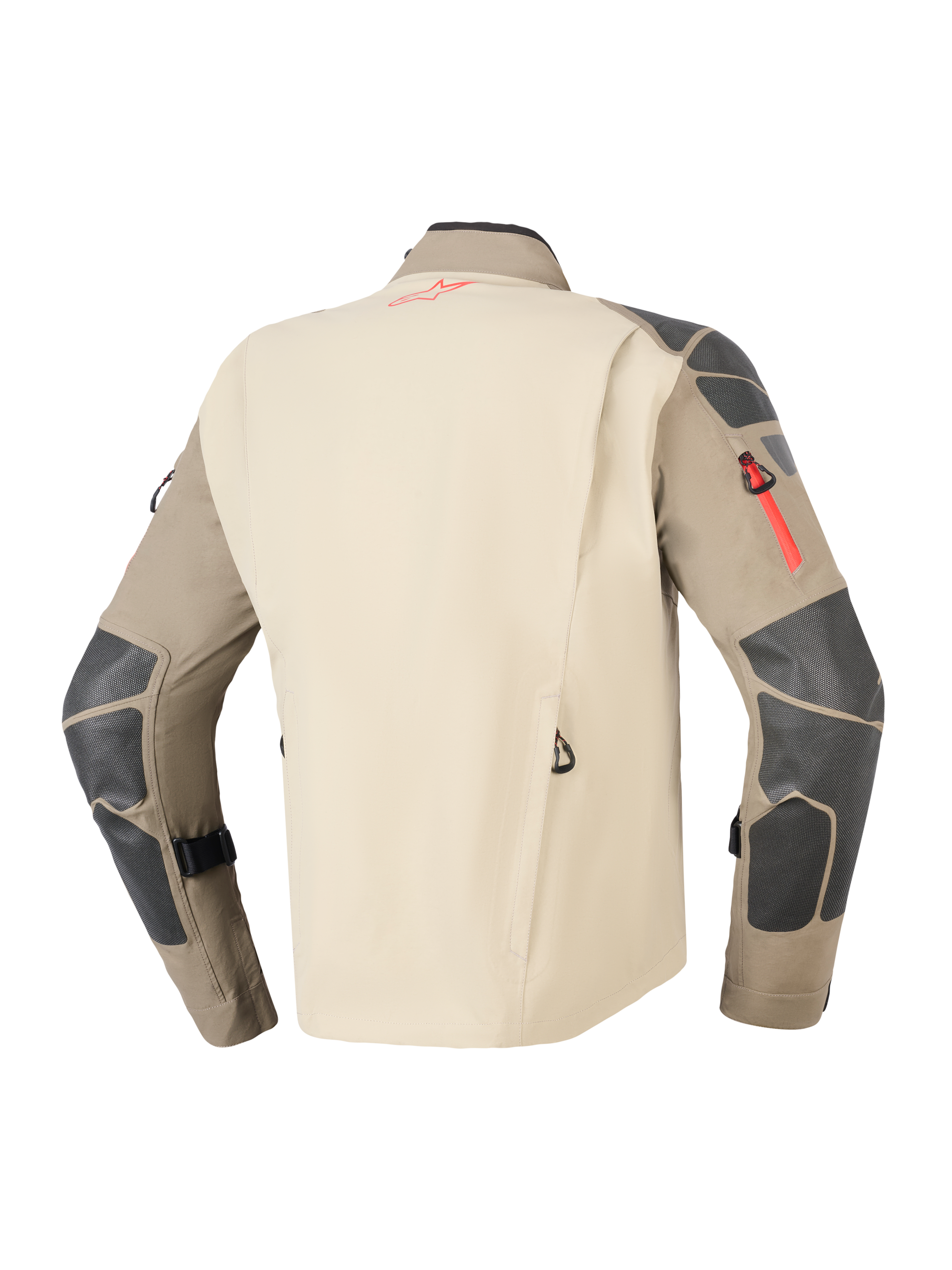 Alpinestars Nazca 3L GORE-TEX PRO Jas, Walnut Rock Brown, achteraanzicht met beige rugpaneel en bruine mouwen met donkergrijze verstevigingen op de schouders en ellebogen, rode rits- en logo-accenten, duurzame adventure motor touring kleding