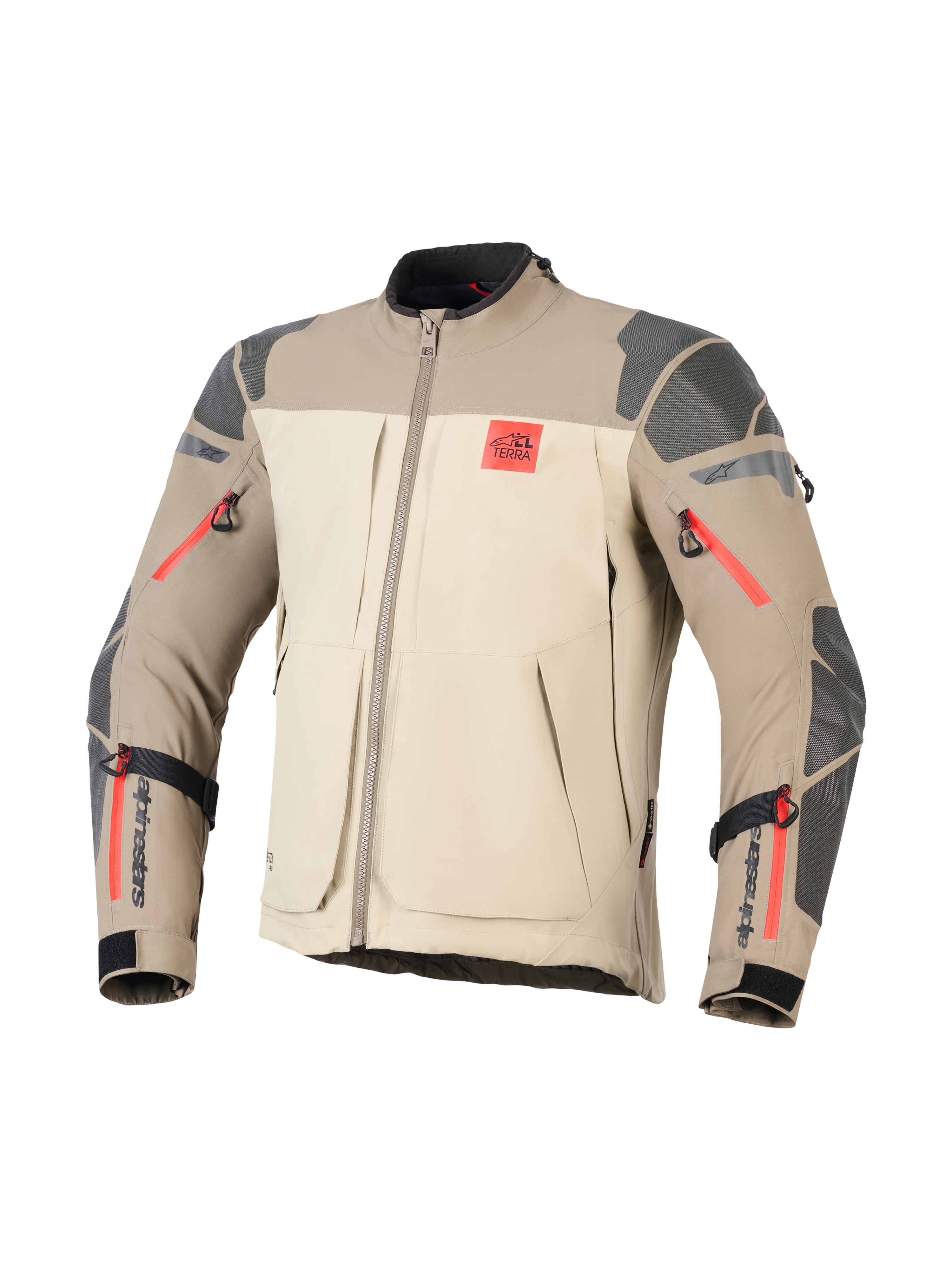 Alpinestars Nazca 3L GORE-TEX PRO Jas, Walnut Rock Brown, adventure motorjas, beige en lichtbruine kleurvlakken, grijze getextureerde verstevigingen op schouders en ellebogen, felrode ritsaccenten, rood 'ALL TERRA' logo op de borst, zwarte Alpinestars-branding op de onderarmen, duurzame textielconstructie