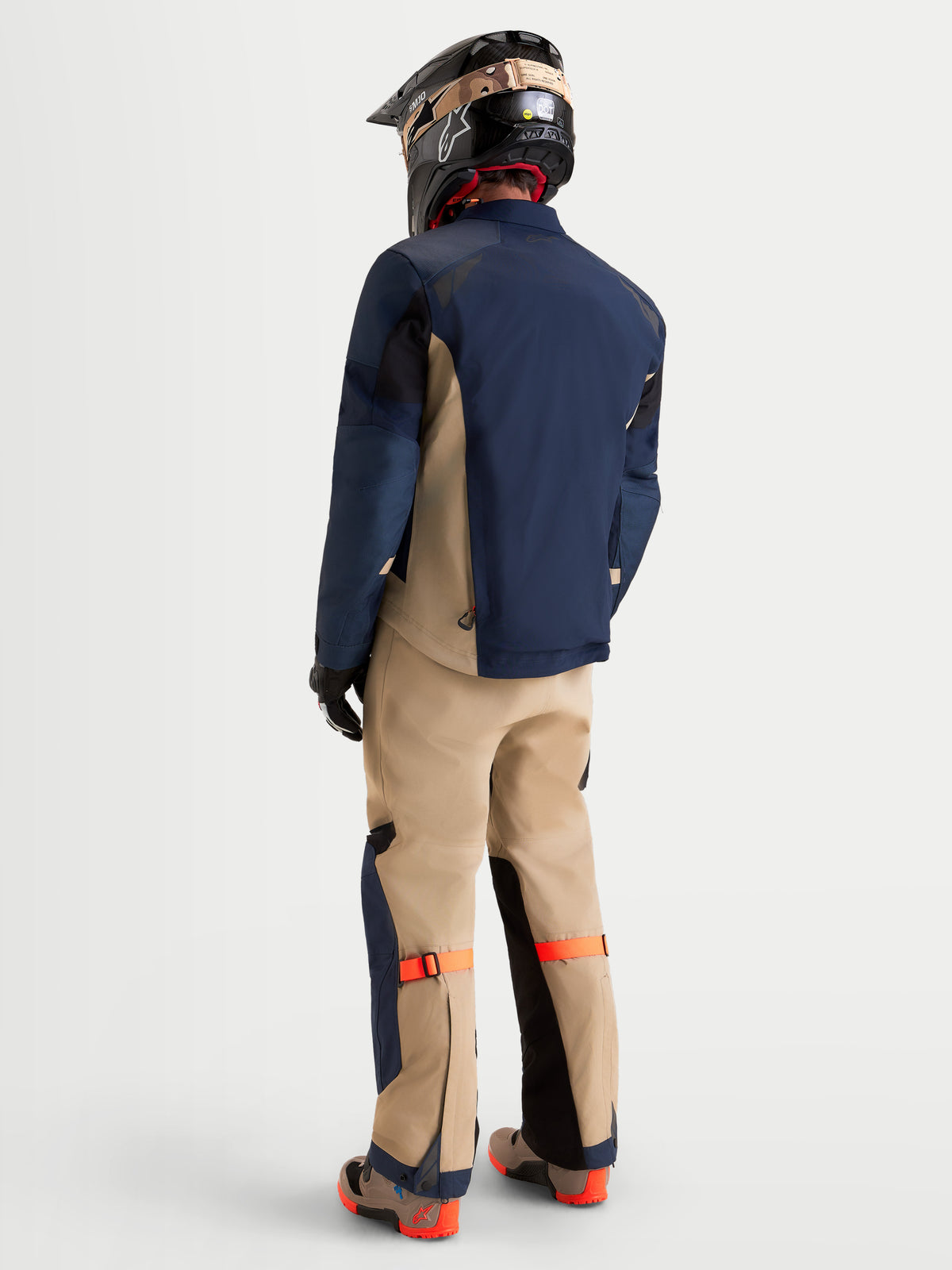 Alpinestars Arenis Gore-Tex Jacket, men's adventure touring motorcycle jacket in night navy blue and aluminum, rear view showing waterproof textile construction and integrated rear exhaust vents.