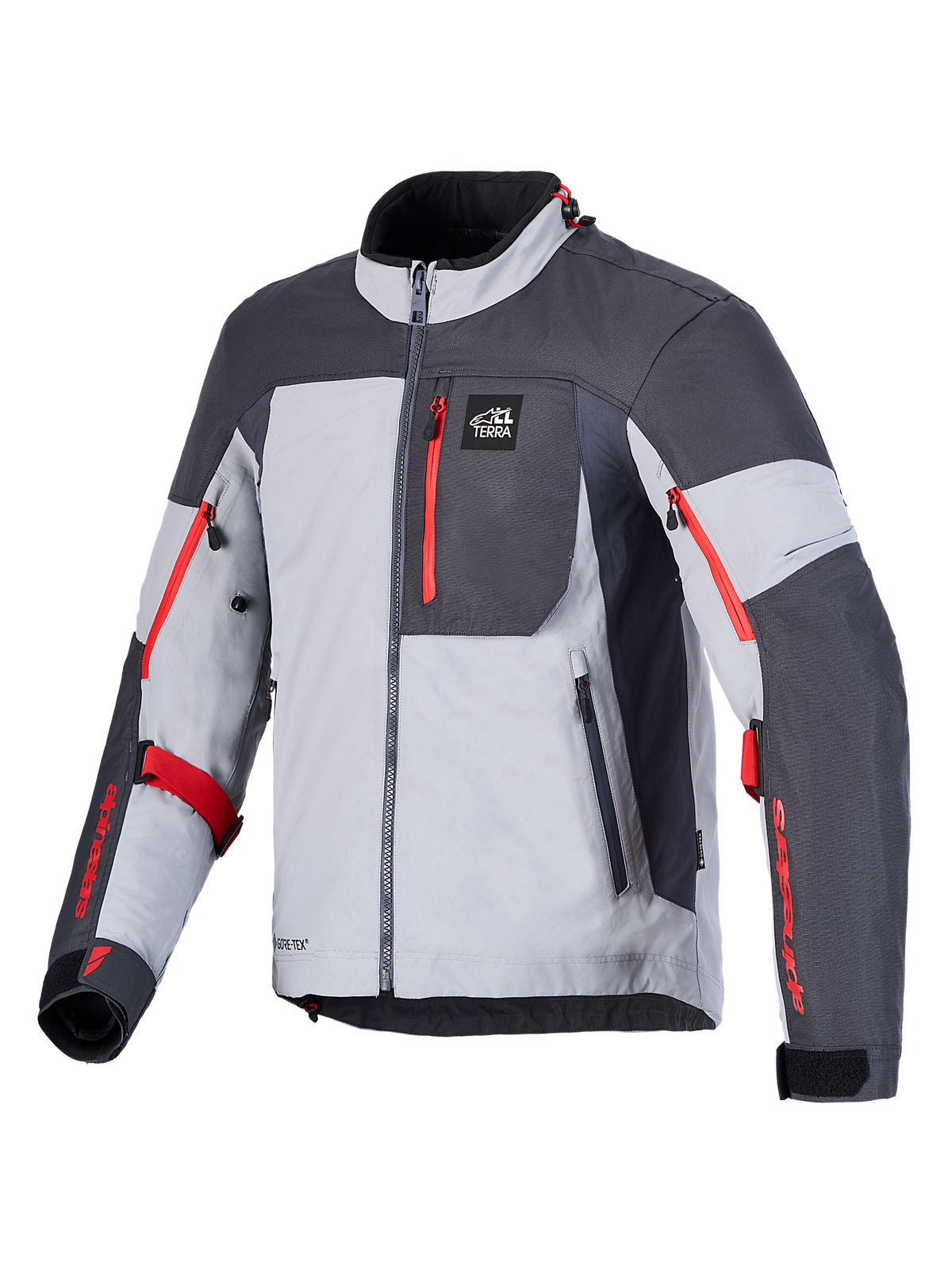 Alpinestars Arenis Gore-Tex jas, adventure touring motorjas, middengrijs, donkergrijs en zwart met rode accenten, CE-gecertificeerd, GORE-TEX gelamineerde constructie