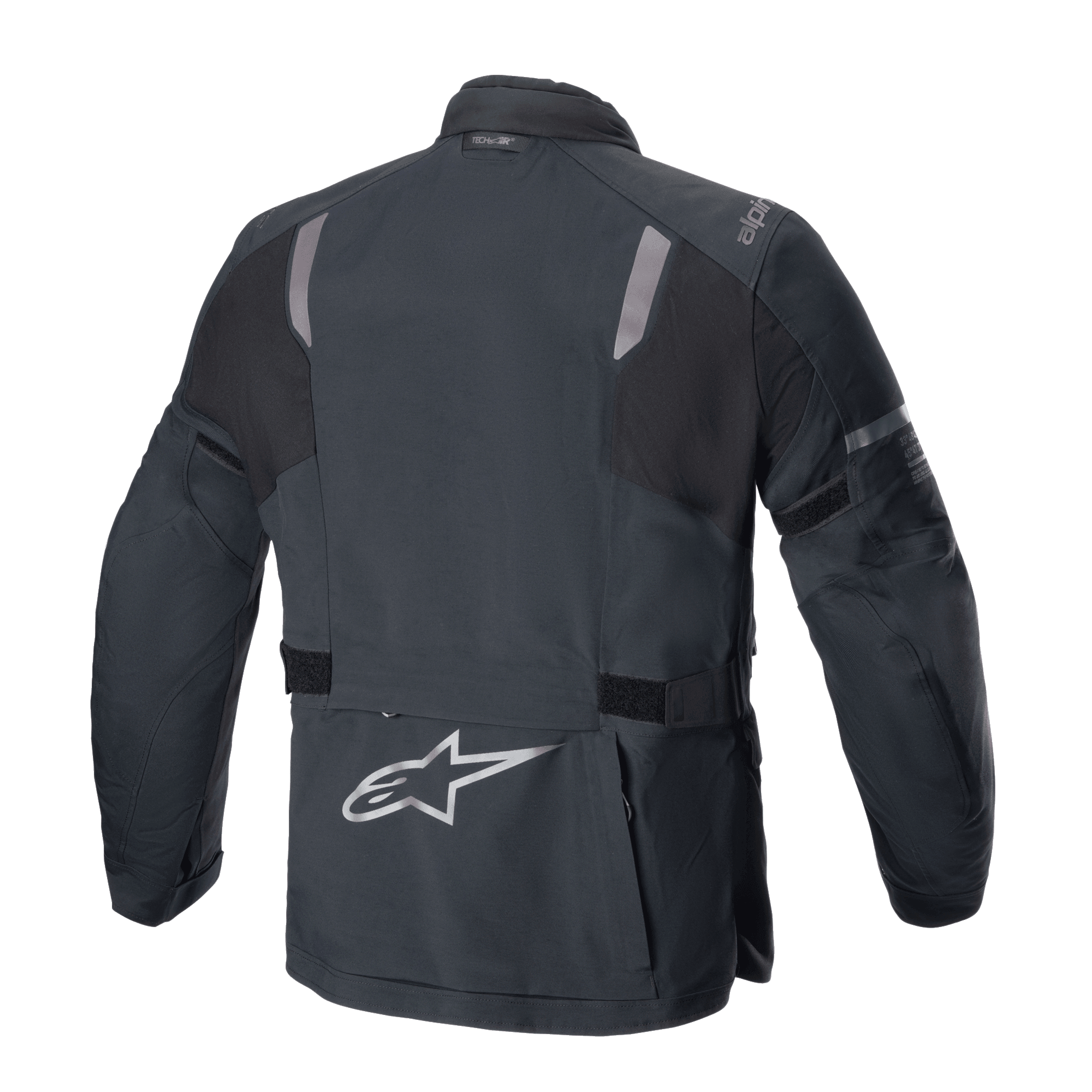 Alpinestars ST-7 2L GORE-TEX jas, achteraanzicht, zwart en donkergrijs, met reflecterende schouderpanelen, zilveren Alpinestars sterlogo op de onderrug en verstelbare taillebanden, adventure touring motorkleding