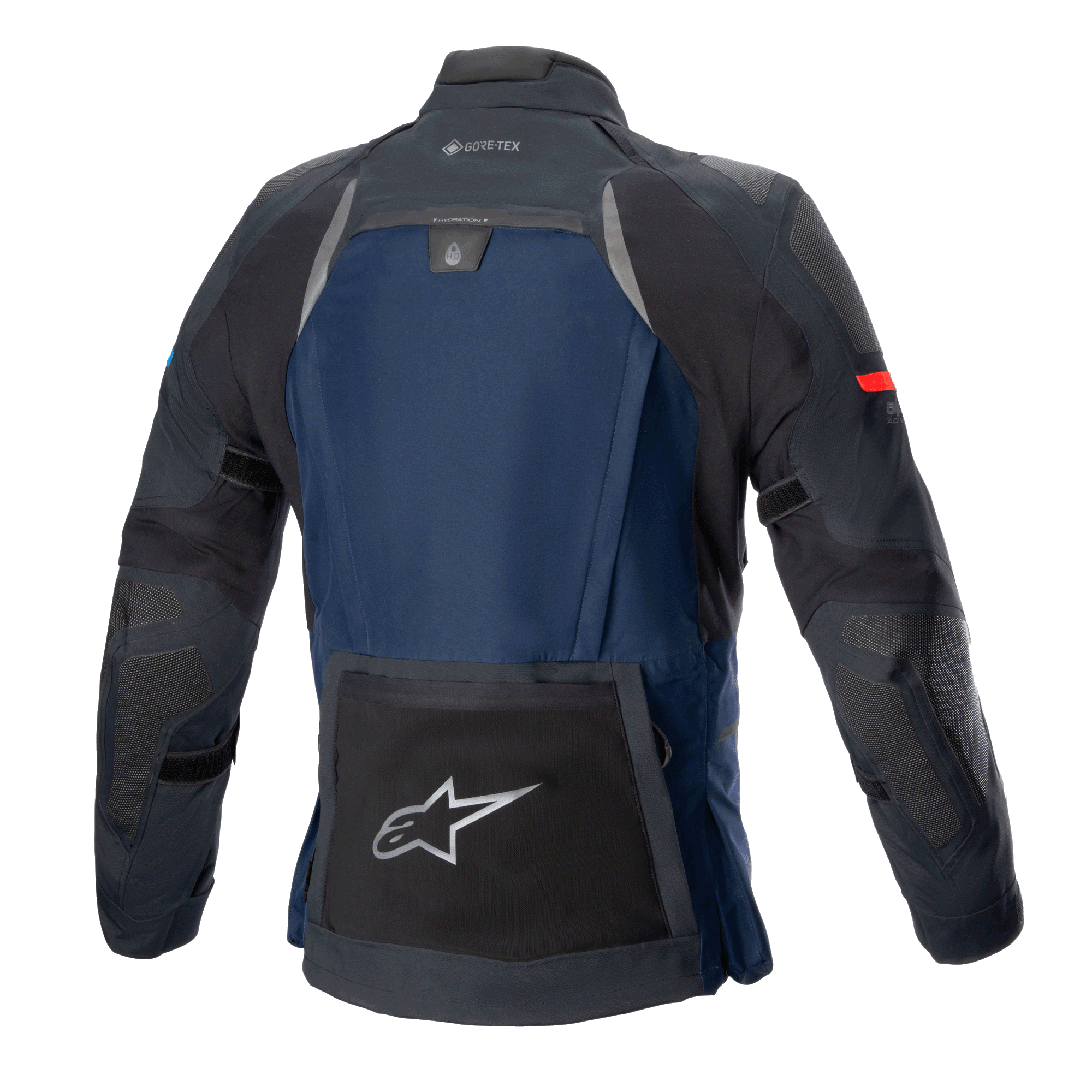 Alpinestars Boulder GORE-TEX Jas, technische touring motorjas, donkerblauw en zwart, achteraanzicht met een grote achterzak met zilveren ster-logo, hydratatiecompartiment en GORE-TEX-branding op de kraag.