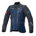 Alpinestars Boulder GORE-TEX motorjas, donkerblauwe en zwarte adventure touring jas, waterdichte textielconstructie, wit sterlogo op de borst, rode en lichtblauwe mouwaccenten, meerdere ventilatieritsen en verstelbanden, duurzame technische uitrusting voor alle weersomstandigheden