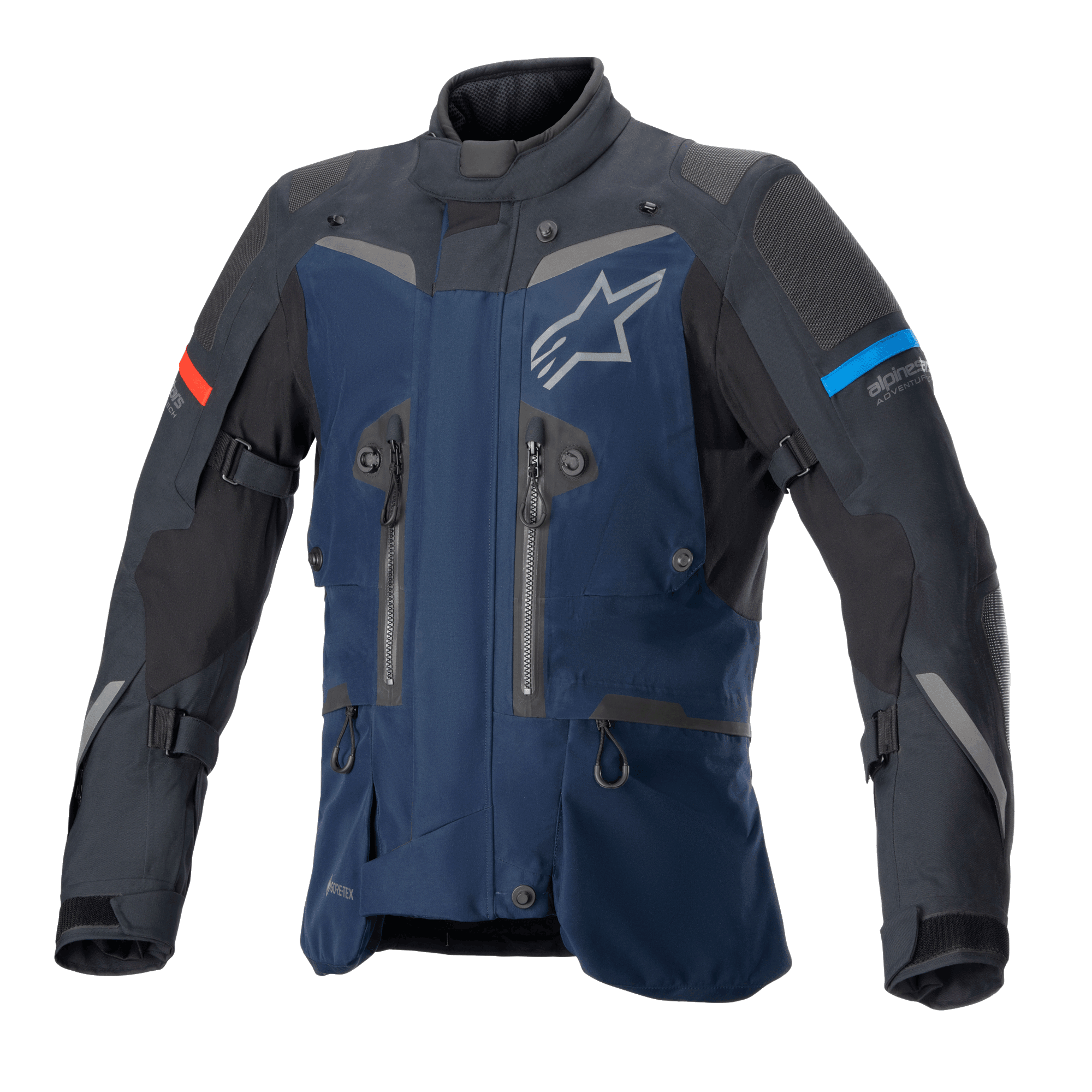Alpinestars Boulder GORE-TEX motorjas, donkerblauwe en zwarte adventure touring jas, waterdichte textielconstructie, wit sterlogo op de borst, rode en lichtblauwe mouwaccenten, meerdere ventilatieritsen en verstelbanden, duurzame technische uitrusting voor alle weersomstandigheden