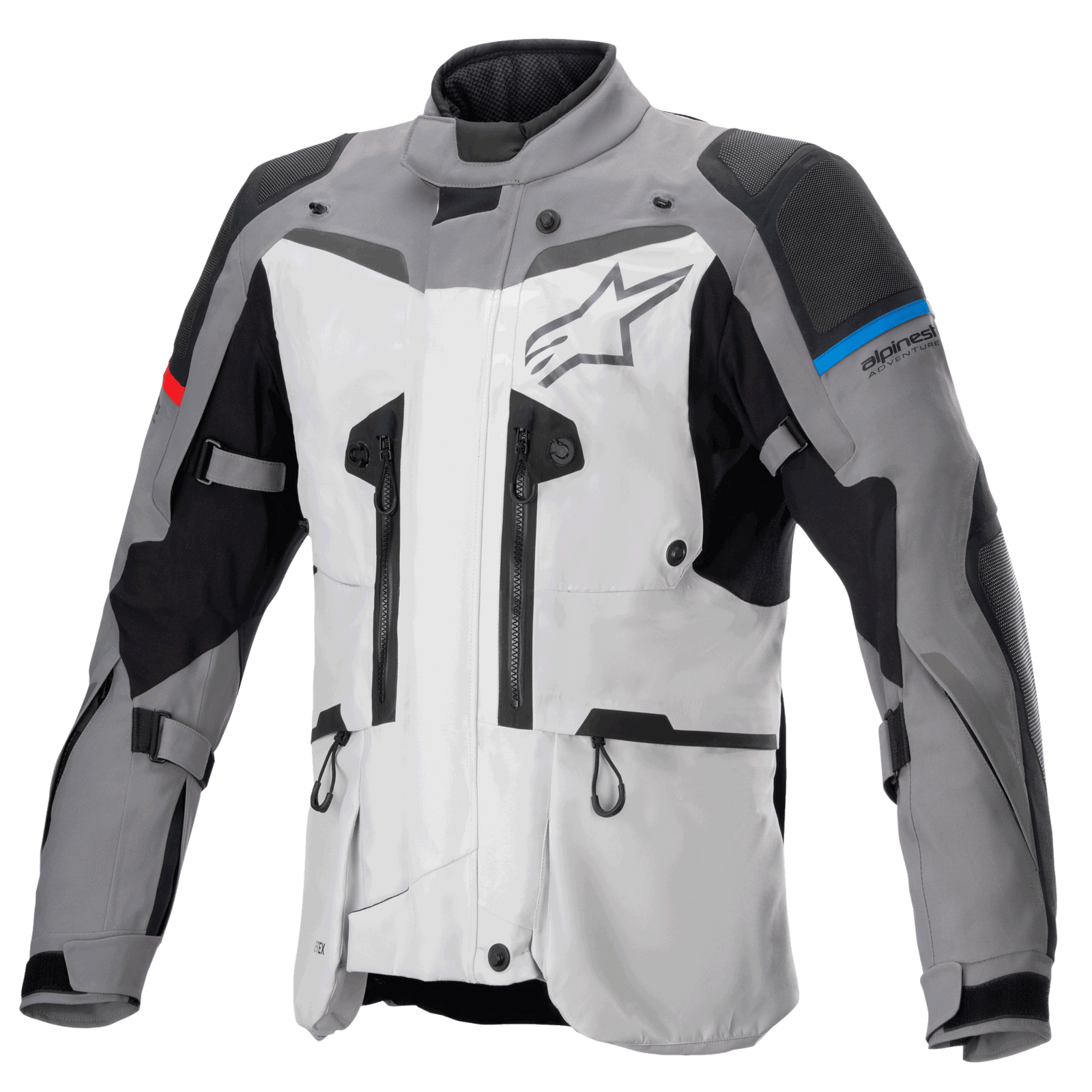 Alpinestars Boulder GORE-TEX Jas, adventure touring motorjas, donkergrijs en ijsgrijs, voorzien van meerdere ventilatieritsen, versterkte schouder- en elleboogpanelen met blauwe en rode accenten, groot Alpinestars-logo op de borst, hoogwaardige waterdichte technische uitrusting