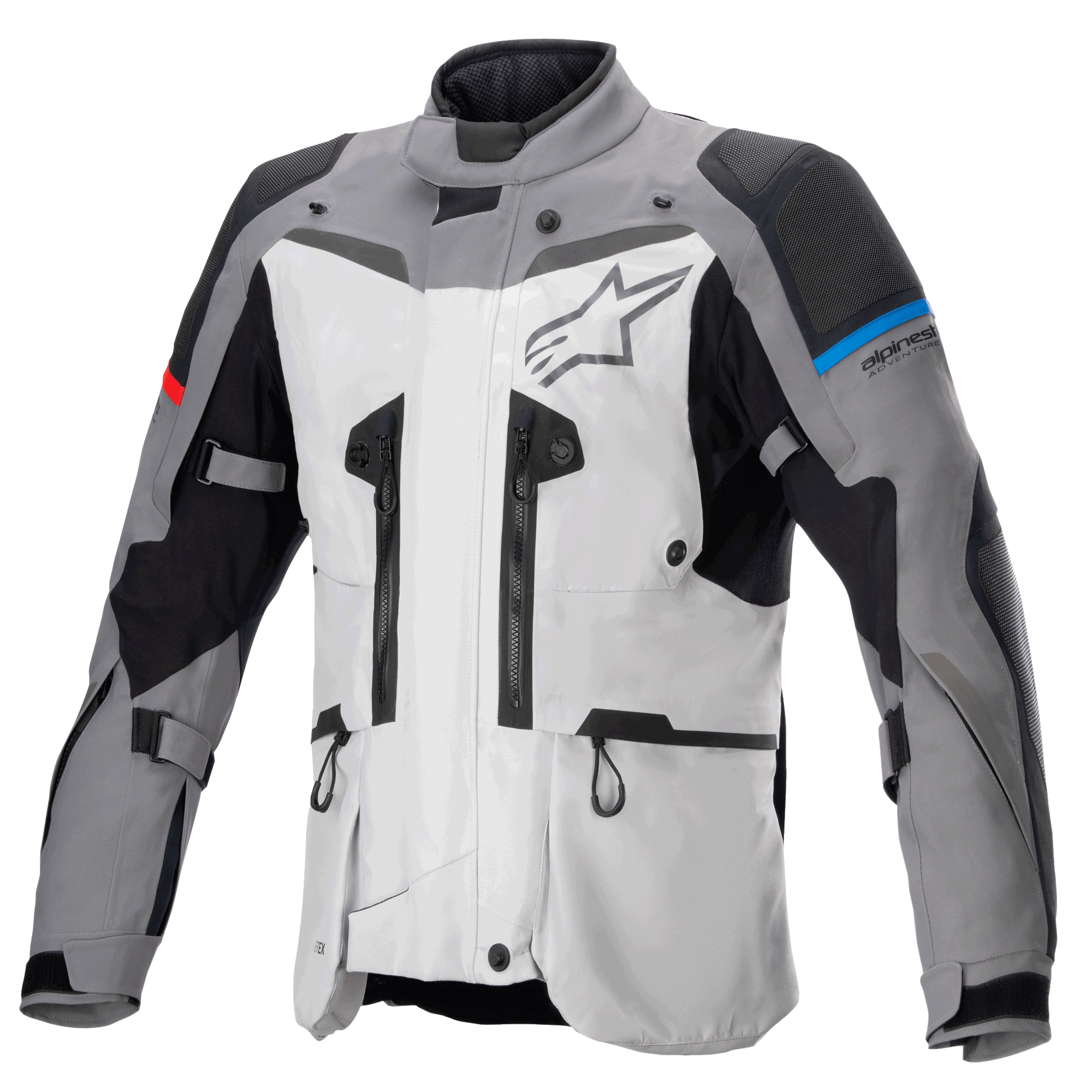 Alpinestars Boulder GORE-TEX Jas, adventure touring motorjas, donkergrijs en ijsgrijs, voorzien van meerdere ventilatieritsen, versterkte schouder- en elleboogpanelen met blauwe en rode accenten, groot Alpinestars-logo op de borst, hoogwaardige waterdichte technische uitrusting