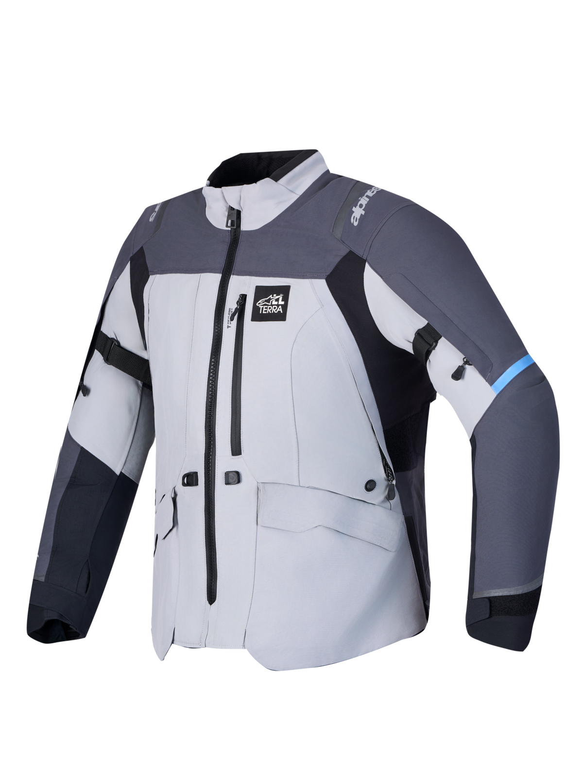 Alpinestars Stella ST-7 V2 2L Gore-Tex motorjas, avontuurlijke damesmotorjas in middengrijs, donkergrijs en zwart, driekwart vooraanzicht met waterdichte GORE-TEX textielconstructie, borstzak met rits en All Terra branding