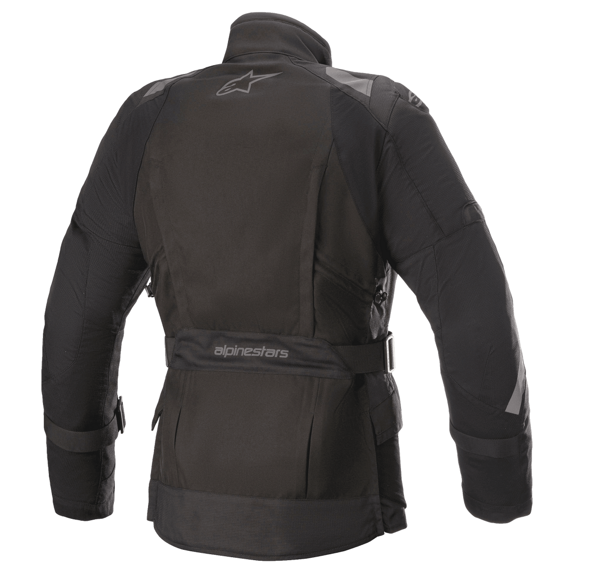 Alpinestars Stella Ketchum GORE-TEX damesmotorjas, textiel motorjas, zwart, achteraanzicht met het Alpinestars-logo, verstelbare tailleband met branding en reflecterende schouder- en mouwpanelen voor betere zichtbaarheid van de rijder.