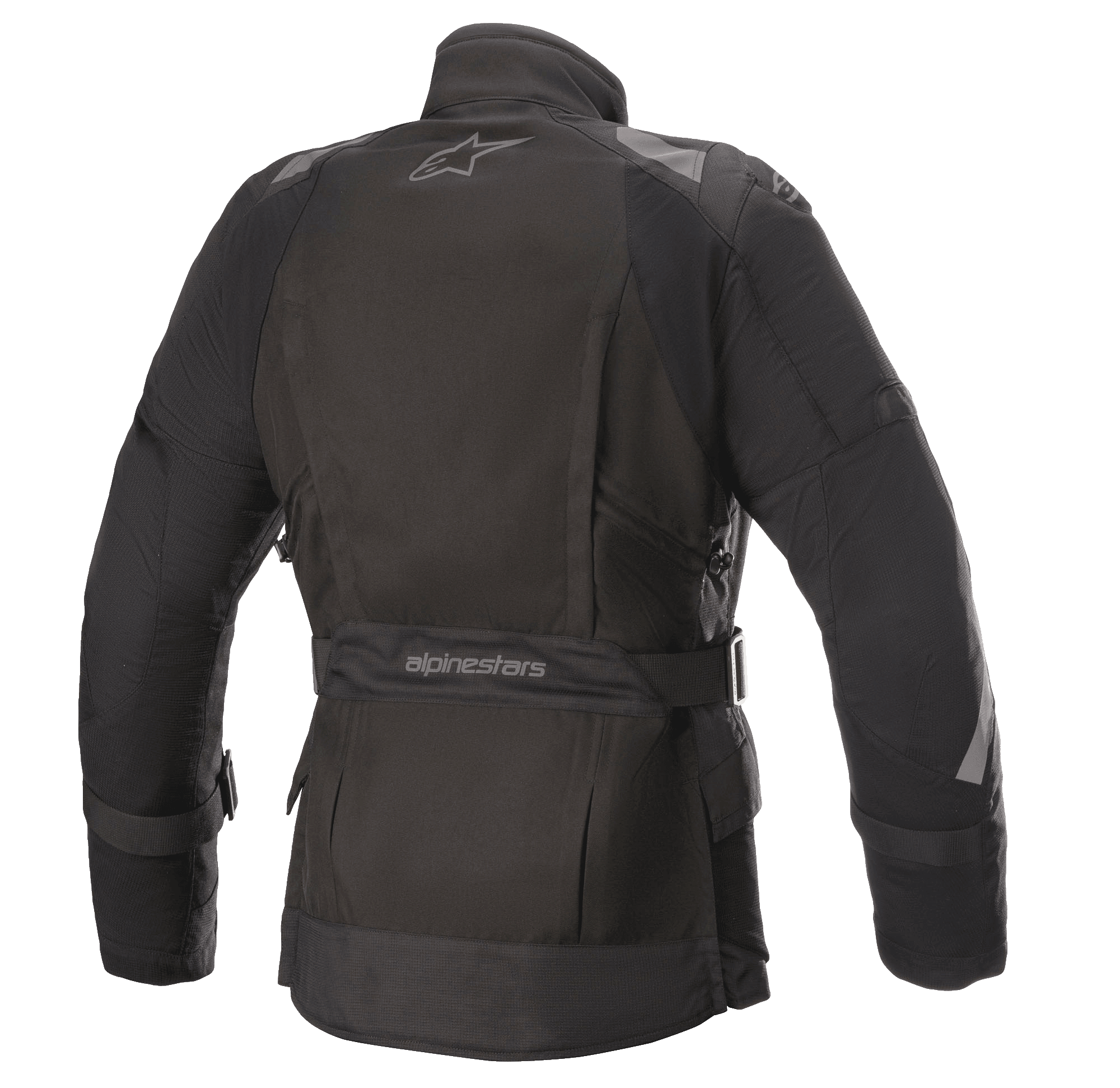 Alpinestars Stella Ketchum GORE-TEX damesmotorjas, textiel motorjas, zwart, achteraanzicht met het Alpinestars-logo, verstelbare tailleband met branding en reflecterende schouder- en mouwpanelen voor betere zichtbaarheid van de rijder.