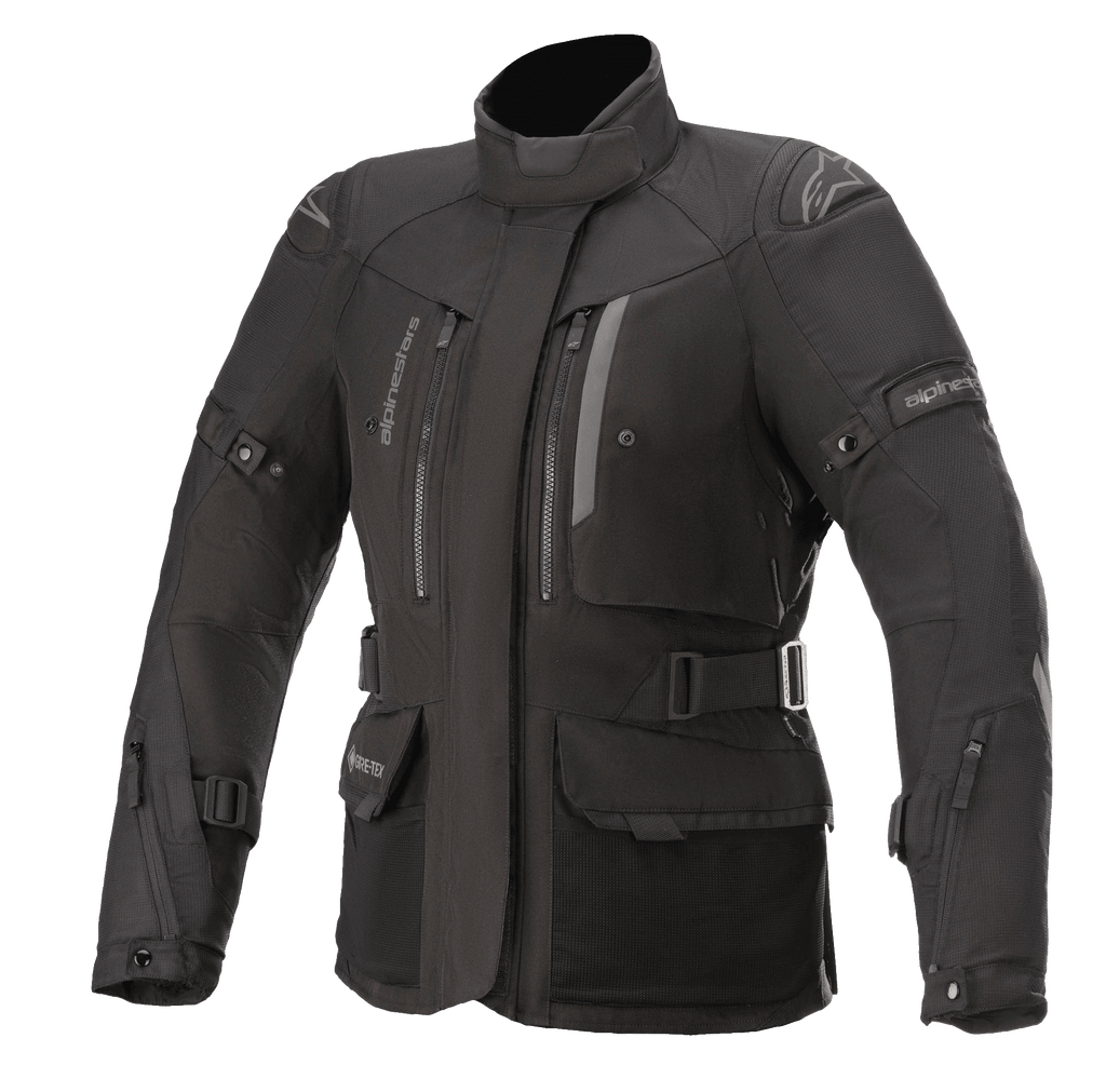 Alpinestars Stella Ketchum GORE-TEX dames motorjas, zwarte touring motorjas, waterdichte en ademende textielconstructie, hoge kraag met ventilatieopeningen met rits op de borst, verstelbare taille- en armriemen, duurzame stof met verstevigde schouderbescherming