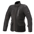 Alpinestars Stella Ketchum GORE-TEX dames motorjas, zwarte touring motorjas, waterdichte en ademende textielconstructie, hoge kraag met ventilatieopeningen met rits op de borst, verstelbare taille- en armriemen, duurzame stof met verstevigde schouderbescherming