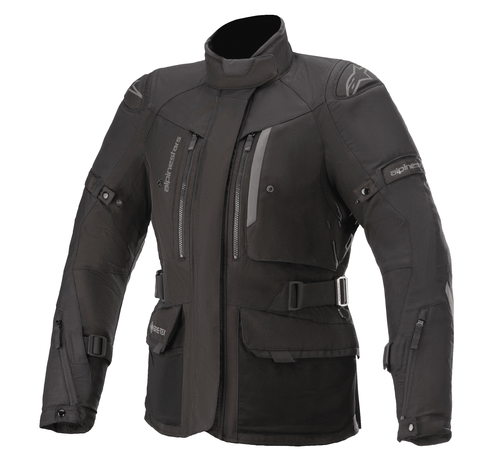 Alpinestars Stella Ketchum GORE-TEX dames motorjas, zwarte touring motorjas, waterdichte en ademende textielconstructie, hoge kraag met ventilatieopeningen met rits op de borst, verstelbare taille- en armriemen, duurzame stof met verstevigde schouderbescherming