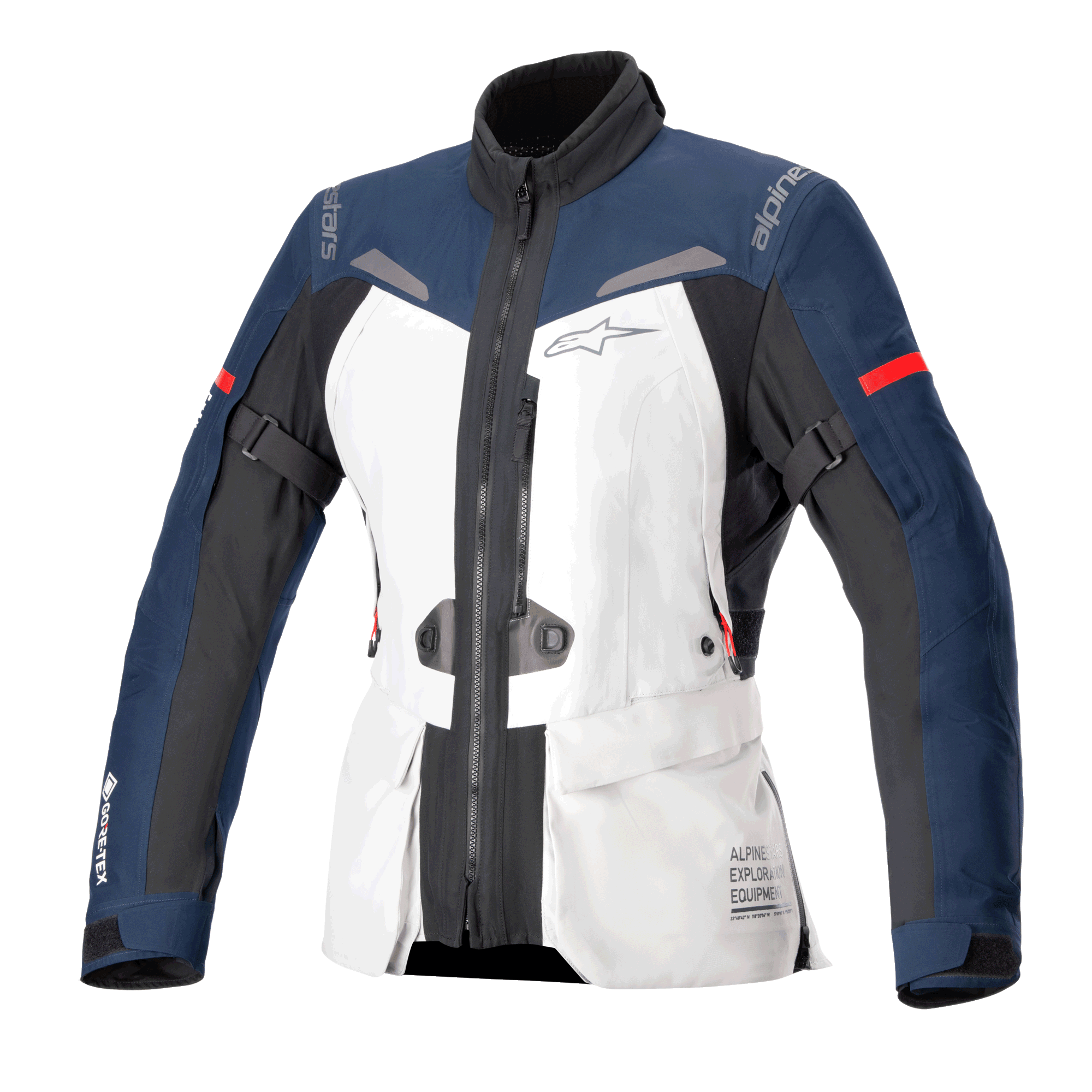 Alpinestars Stella ST-7 2L GORE-TEX motorjas voor dames, motor touringjas, Ice Gray, donkerblauw en zwart met rode accenten, voorzien van cargozakken aan de voorzijde, verstelbare armriemen, een hoge kraag en gelamineerde waterdichte constructie voor adventure touring