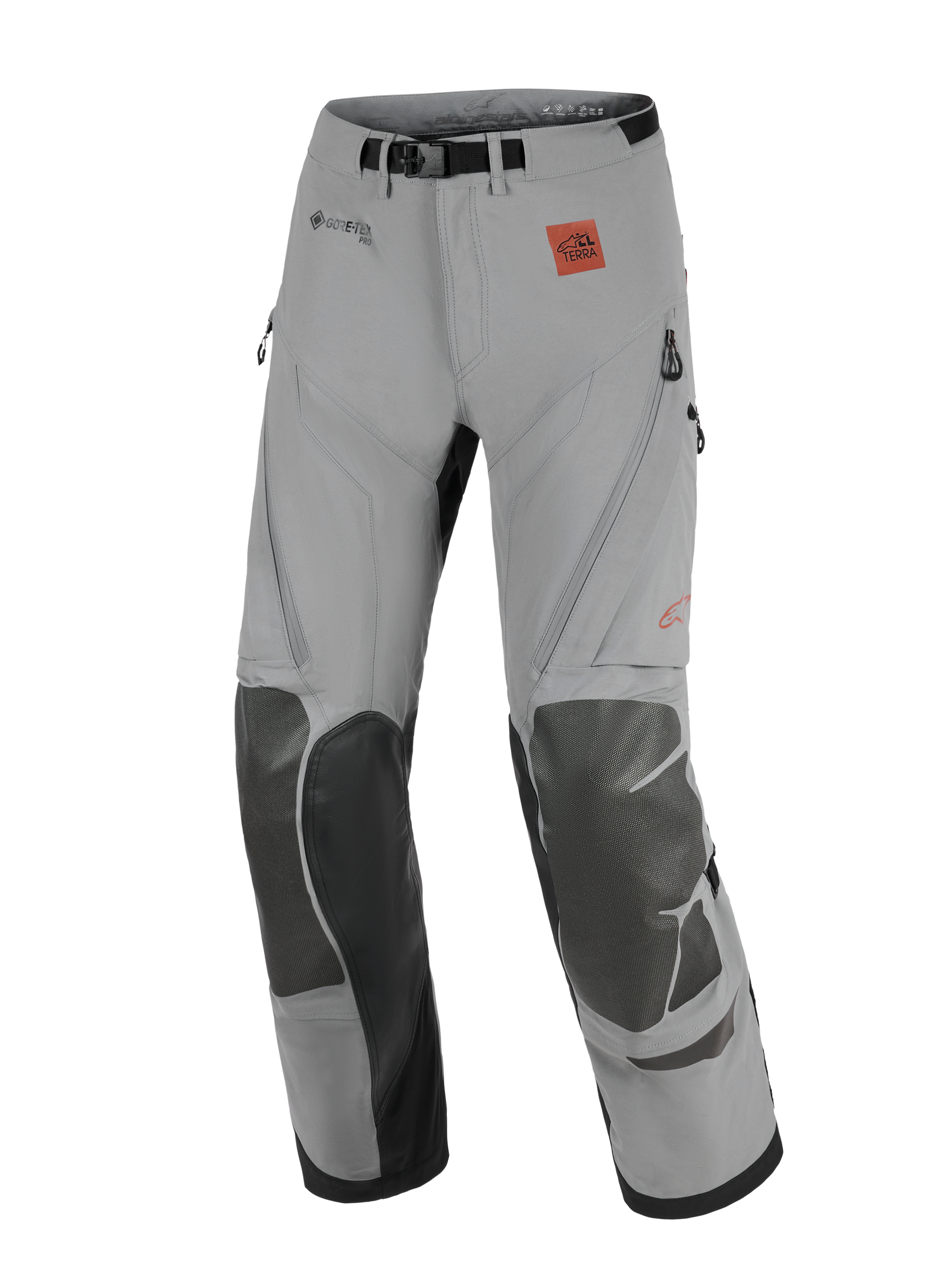 Alpinestars Nazca 3L GORE-TEX PRO broek, adventure motorbroek, donkergrijs en zwart, voorzien van verstevigde kniepanelen, GORE-TEX PRO-branding en All Terra-logo, technisch ontwerp voor off-road en touring